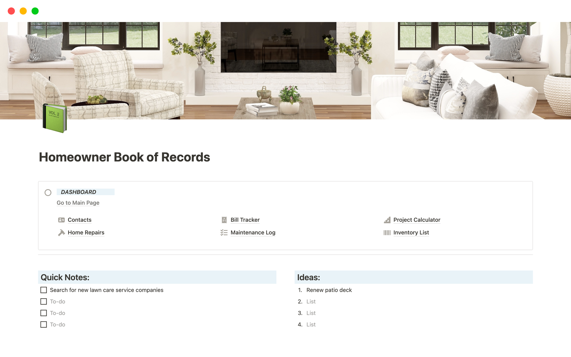 A template preview for Homeowner Book of Records