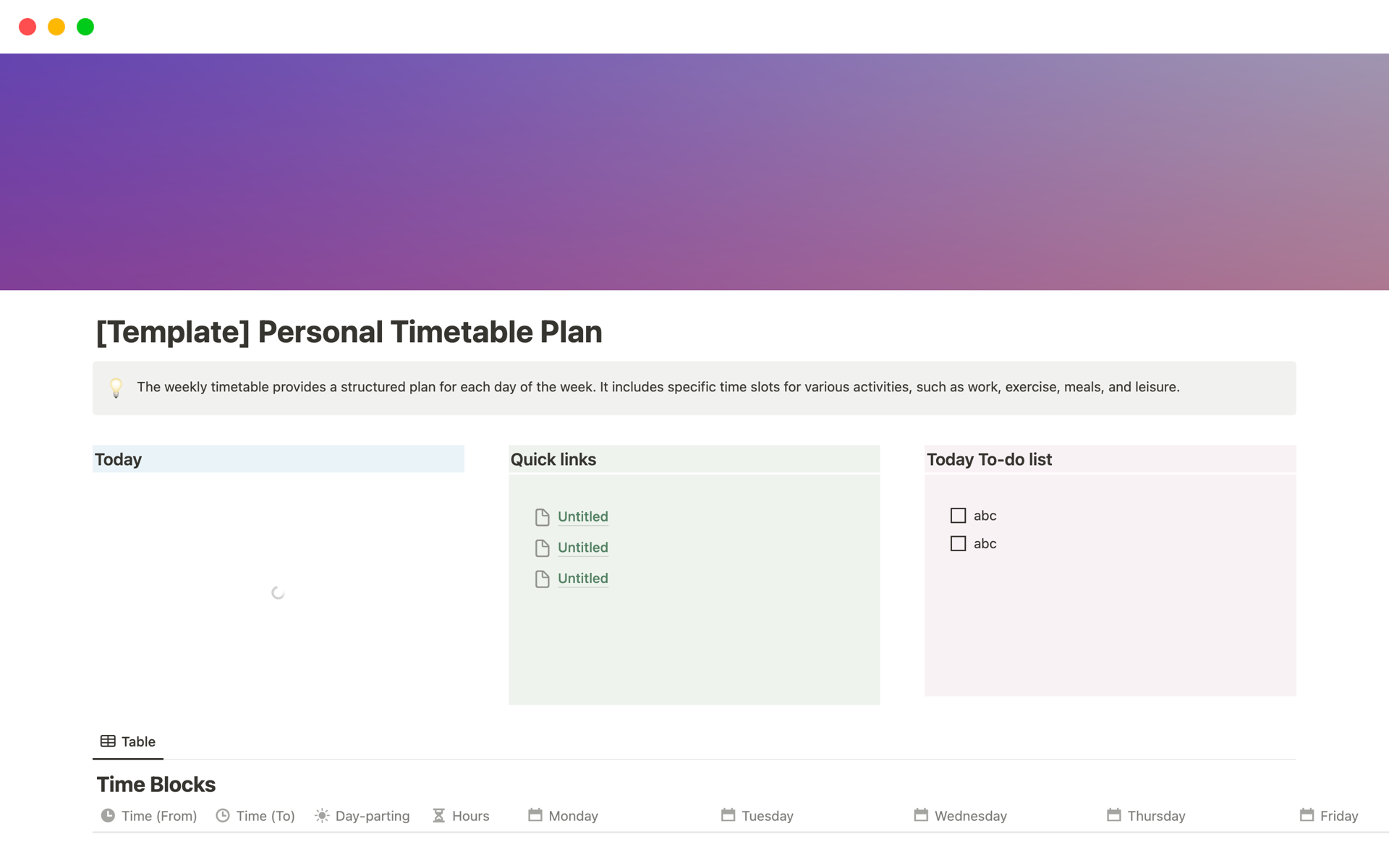 Vista previa de plantilla para Personal Timetable Plan