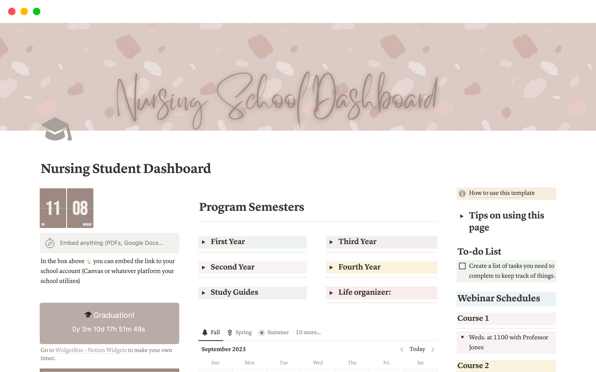 A template preview for Nursing Student Dashboard