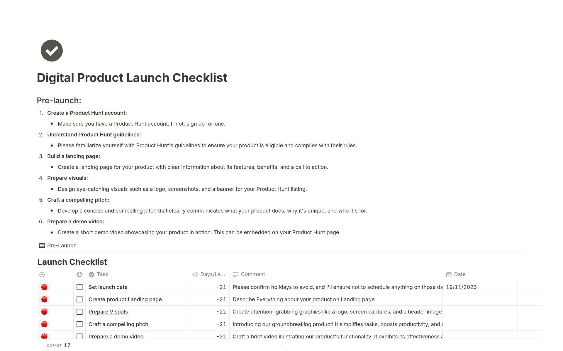 Vista previa de plantilla para Digital Product Launch Checklist
