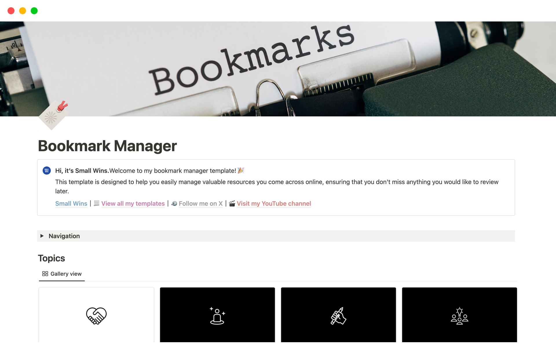 Eine Vorlagenvorschau für Bookmark Manager