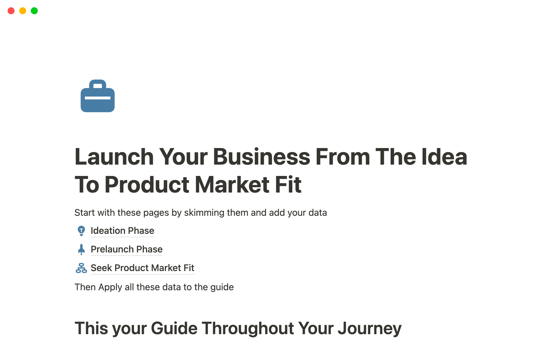 En forhåndsvisning av mal for Launch Your Business From The Idea To Product Market Fit