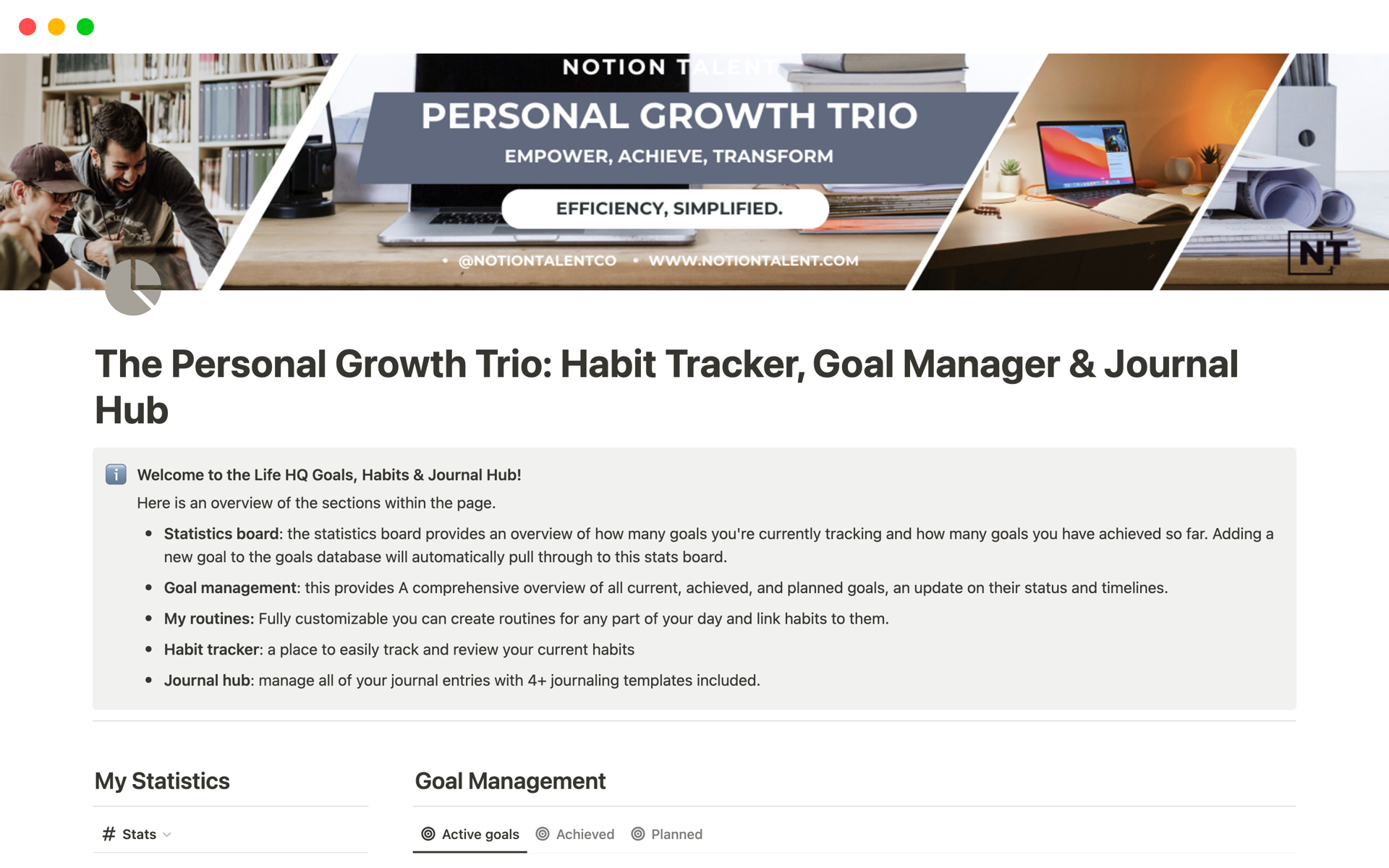 Elevate your personal development journey with The Personal Growth Trio: Notion Template, encompassing a Habit Tracker, Goal Manager, and Journal Hub to track, plan, and reflect on your growth.