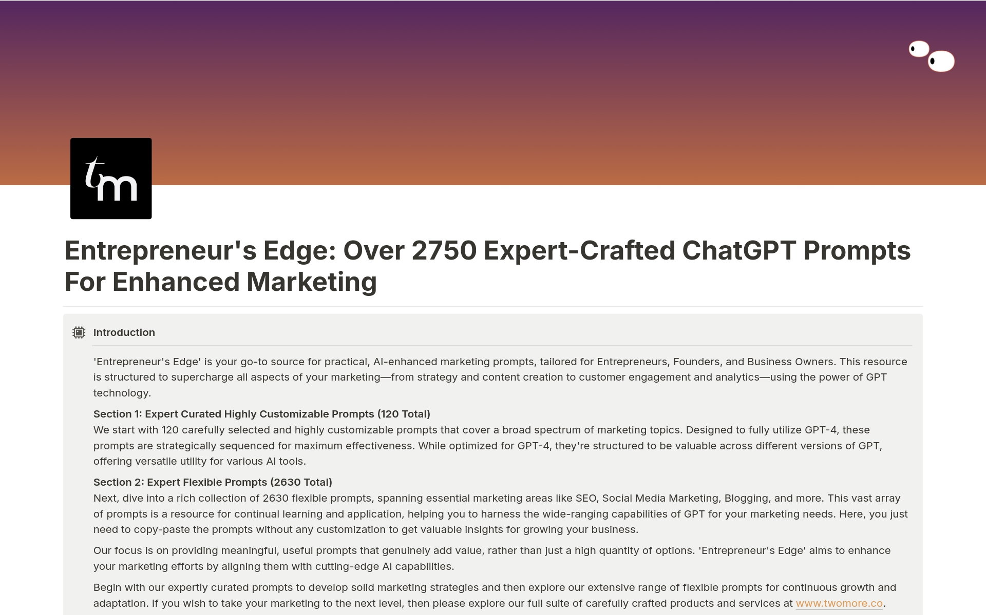 A template preview for Expert-Crafted Marketing Prompts for ChatGPT 