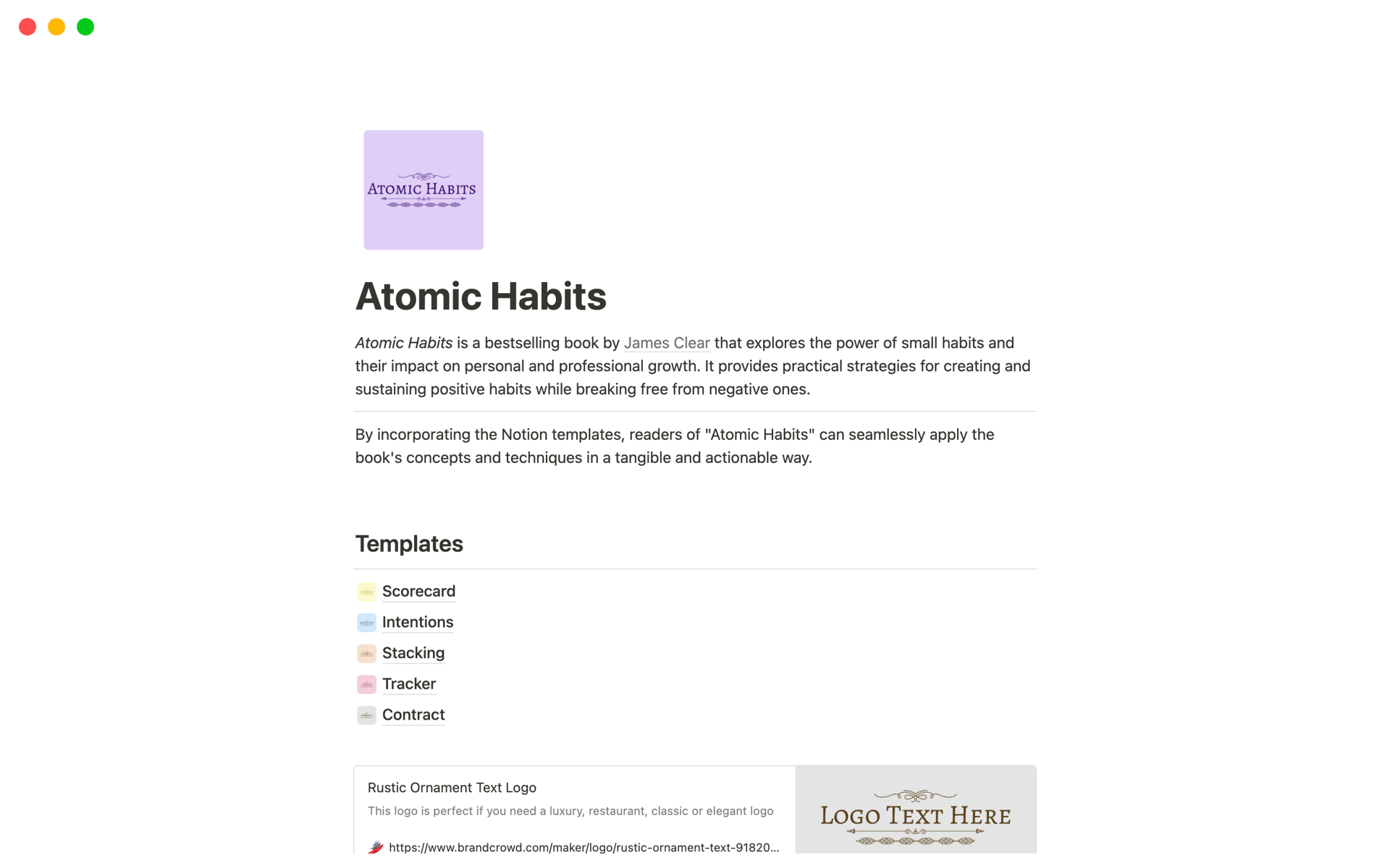 A template preview for Atomic Habits