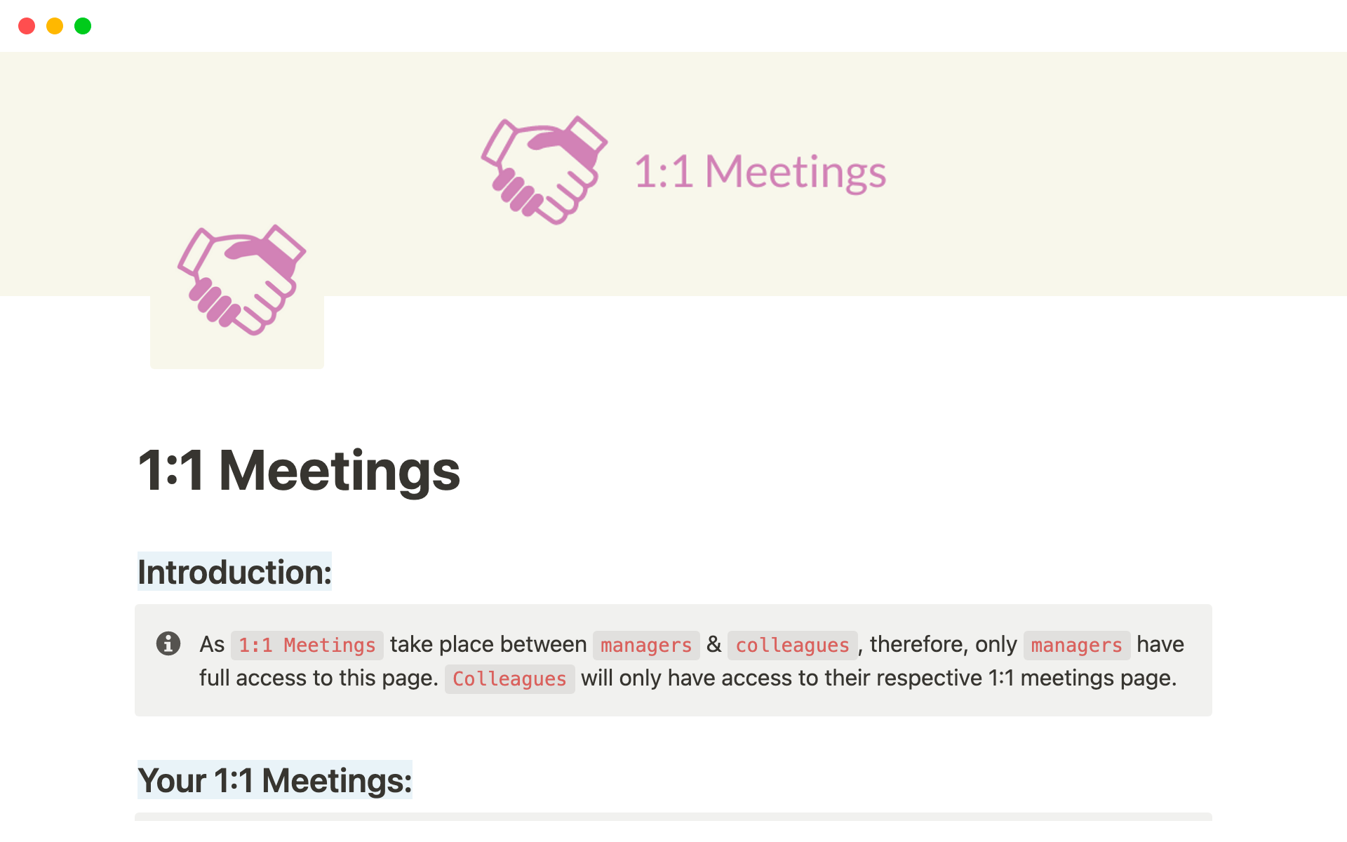A template preview for 1:1 Meetings