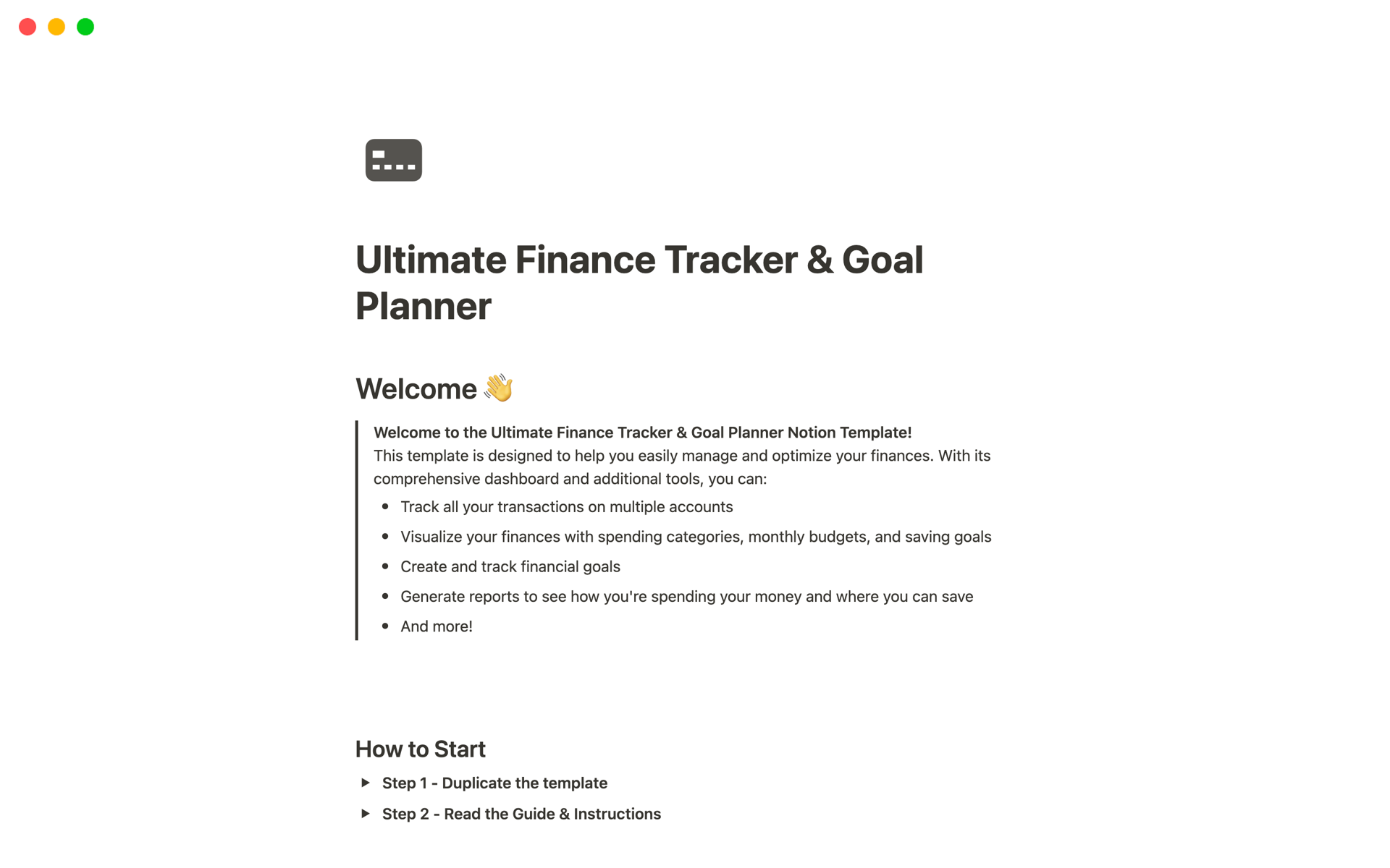 A template preview for Ultimate Finance Tracker & Goal Planner
