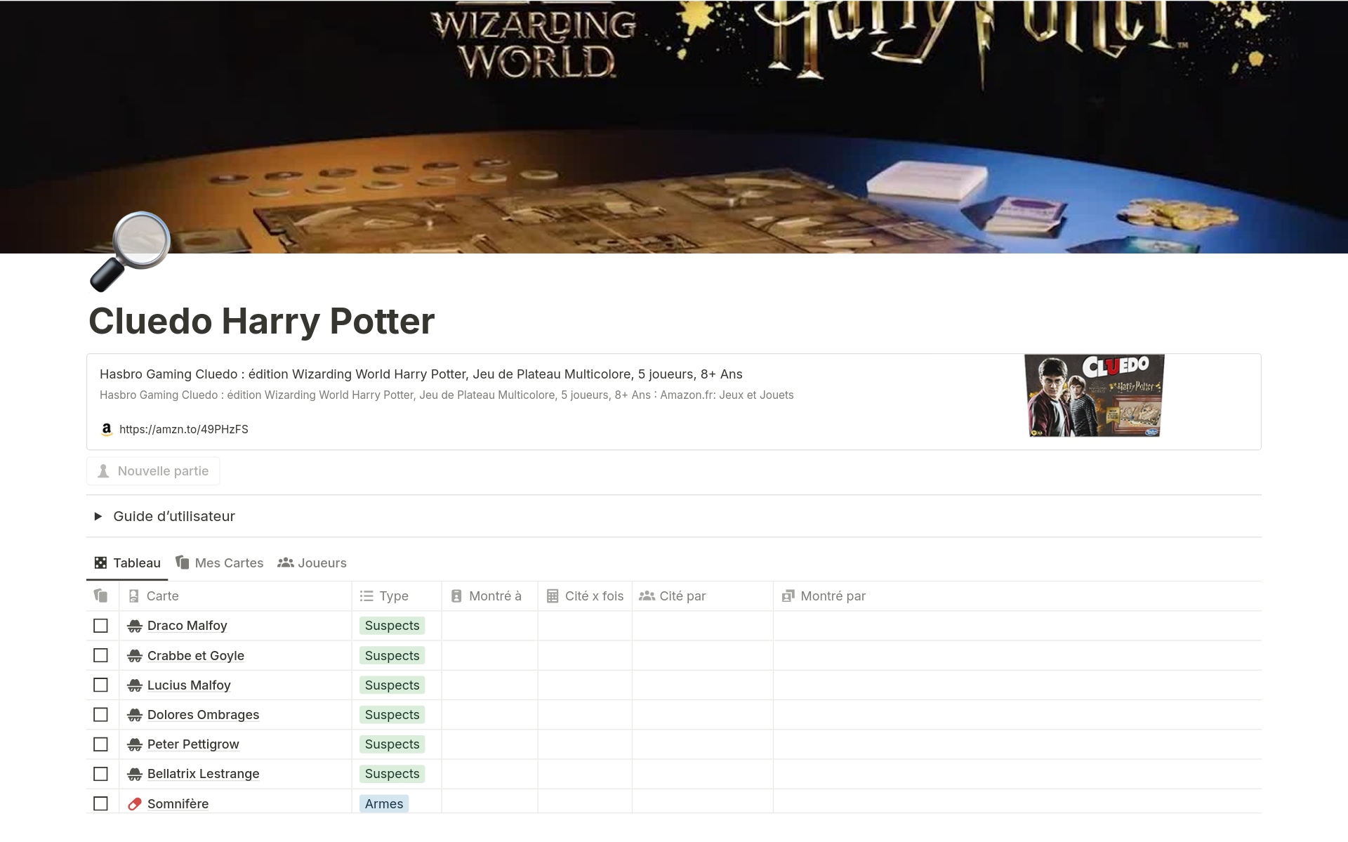 Utilisez Notion pour prendre des notes sur le jeu de plateau « Cluedo » au thème de Harry Potter !