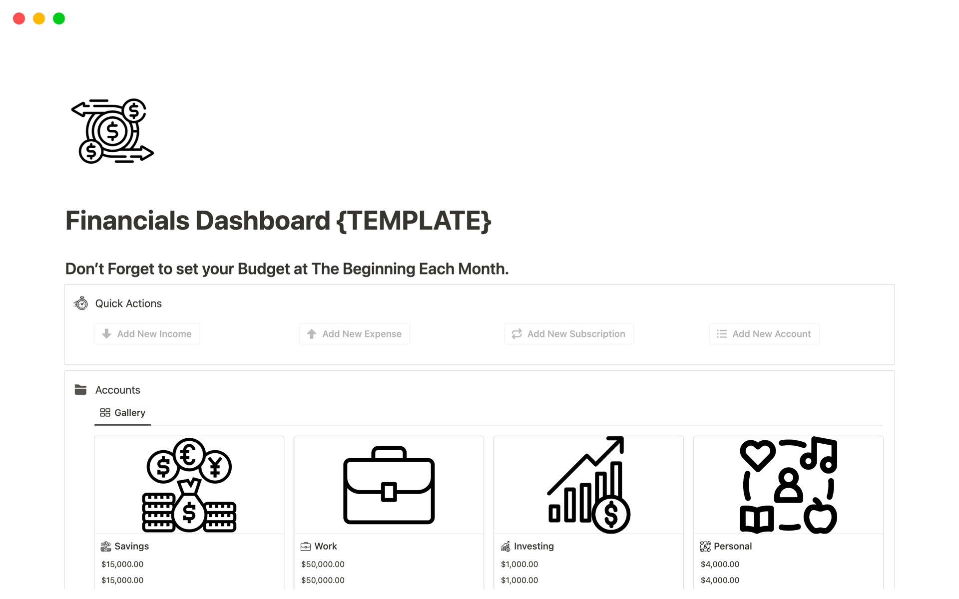 A template preview for Financials Dashboard 