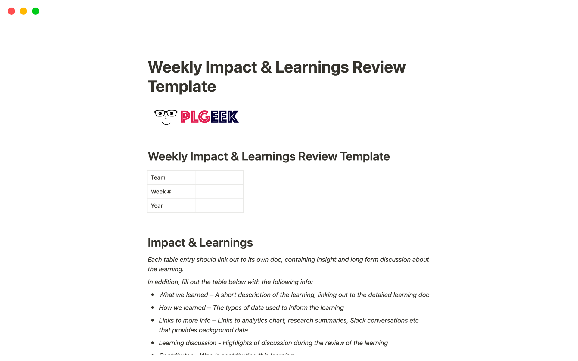 A template preview for Weekly Impact & Learnings Review Template