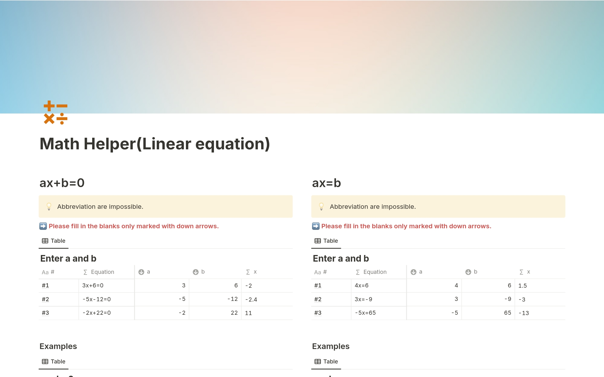 En förhandsgranskning av mallen för Math Helper(Linear equation)