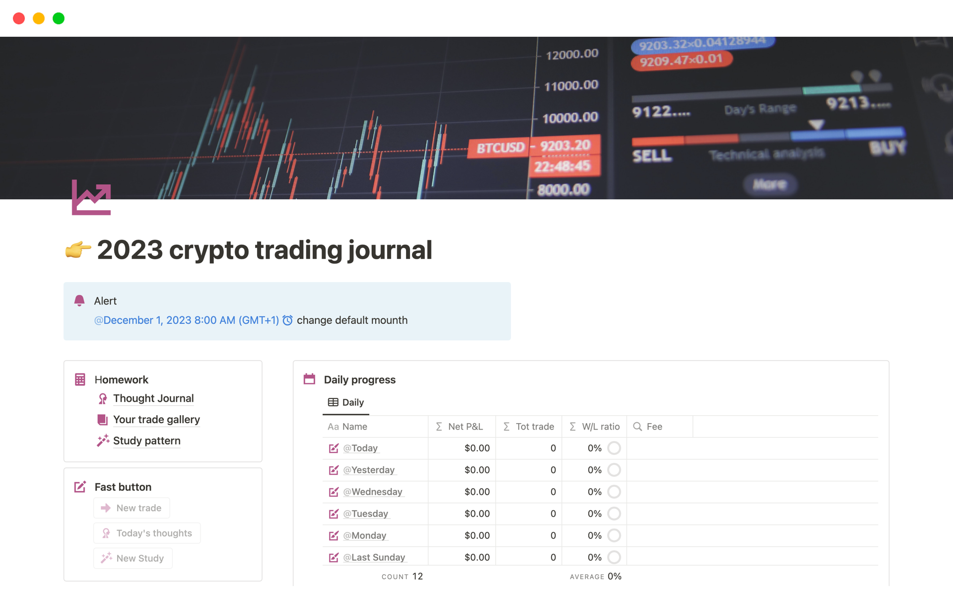 A template preview for Noti trading journal - Cryto version
