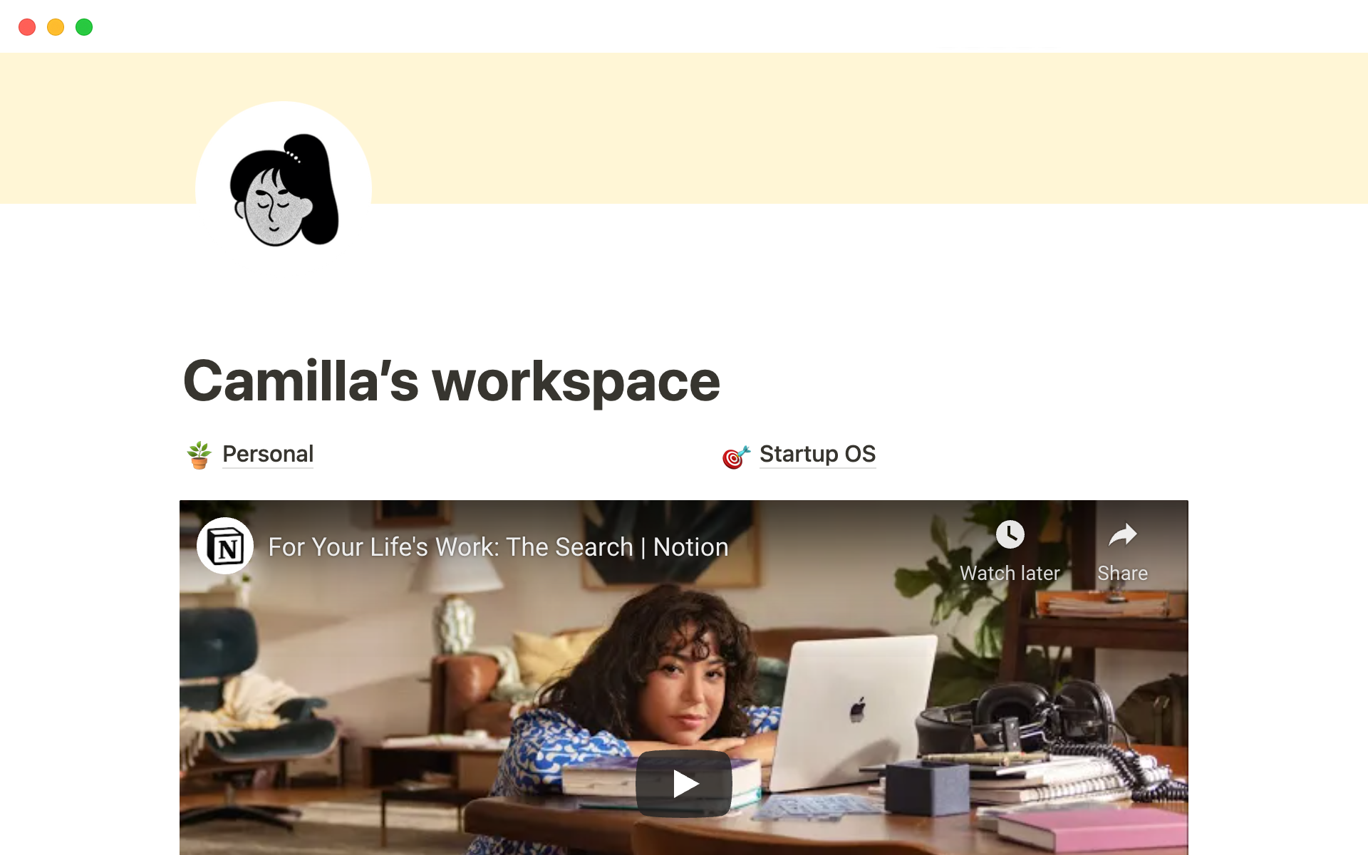 Eine Vorlagenvorschau für Camilla’s workspace