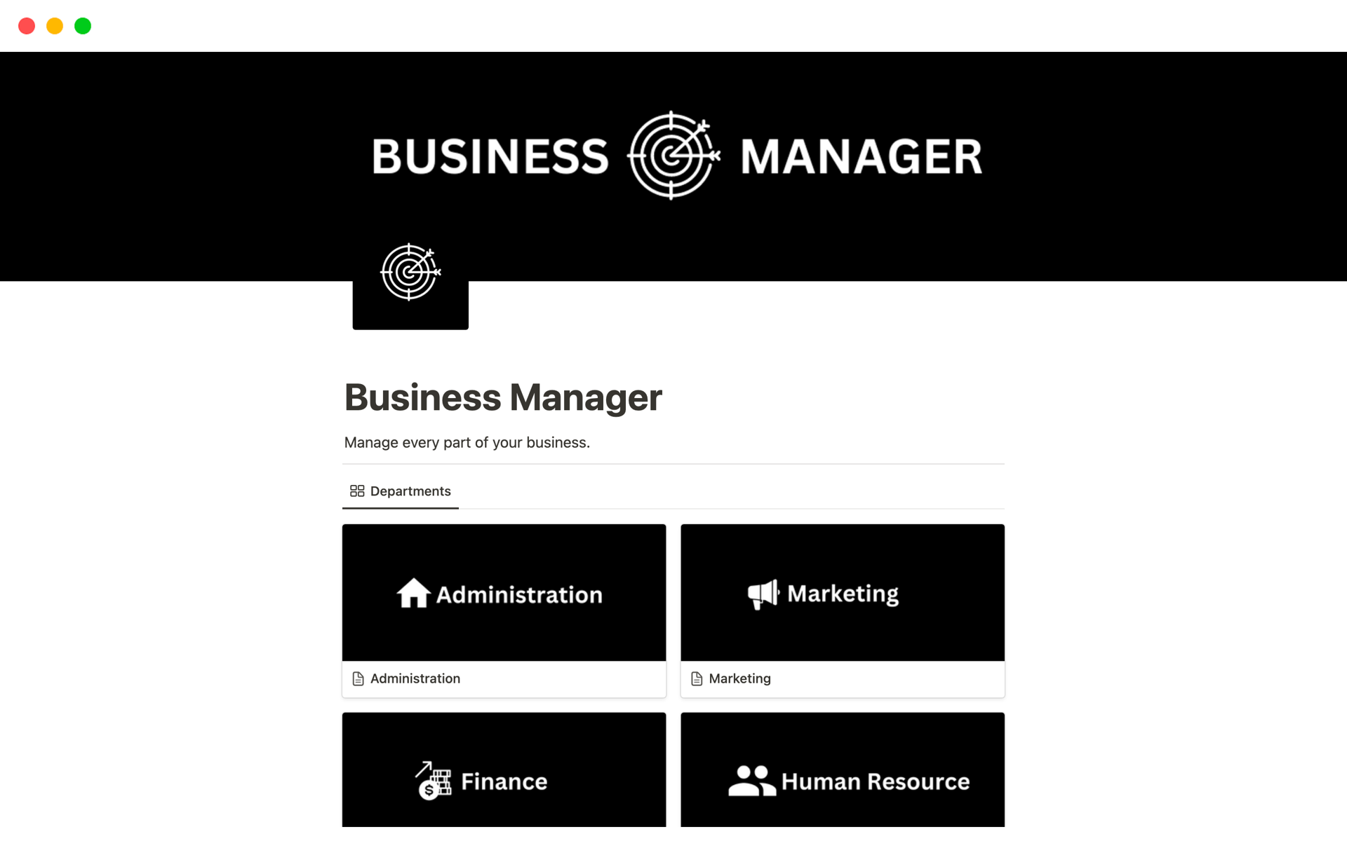 En forhåndsvisning av mal for Business Manager 