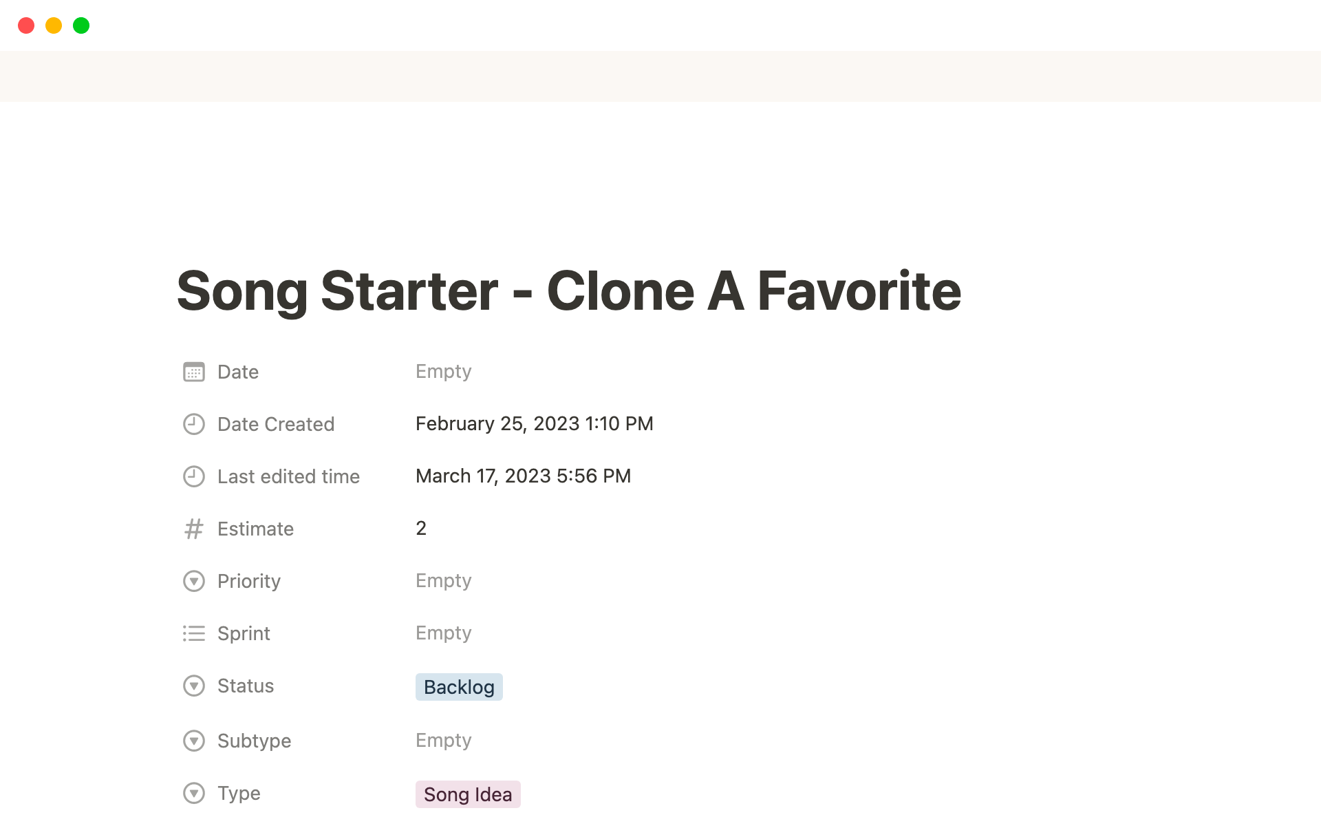 A template preview for Song Clone Starter