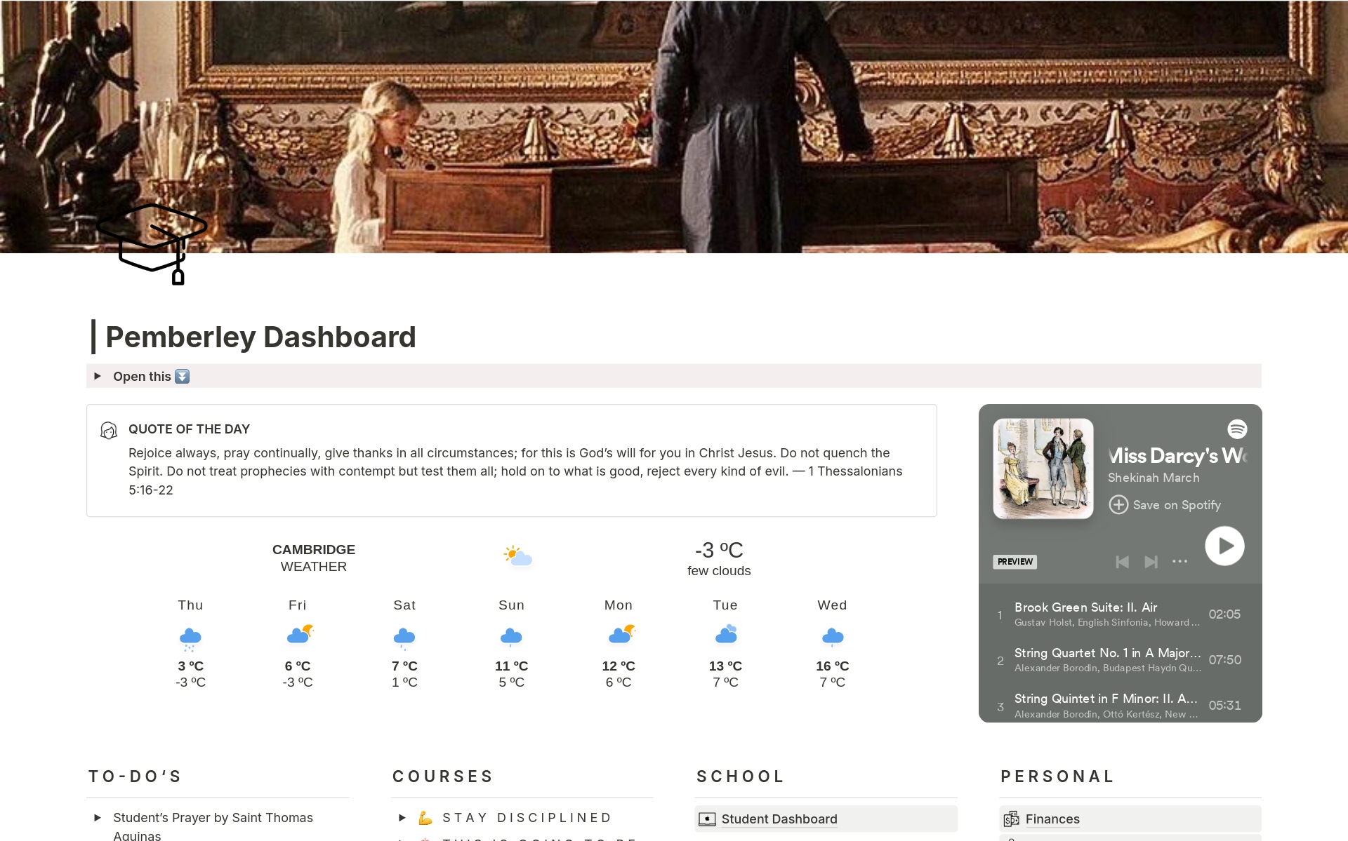 A Jane Austen-themed template where you can keep track of your finance and projects, keep your notes and important links, schedule your weekly plan, set your goals, and list your ideal routine.