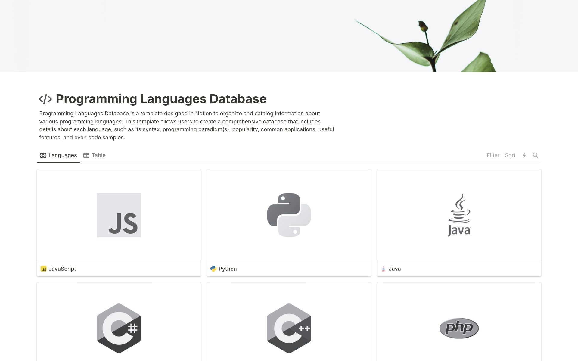 The Programming Languages Database template in Notion is a tool for organizing information about programming languages, including details like syntax, paradigm, popularity, and code examples.