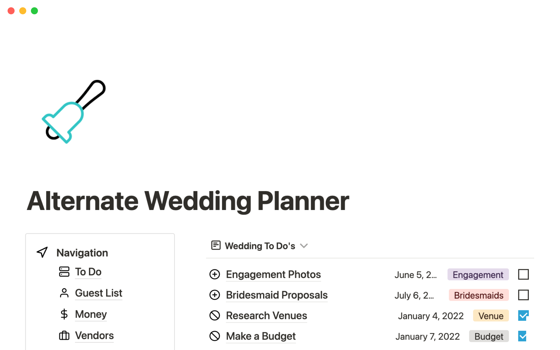 Alternate wedding planner NotionVorlage