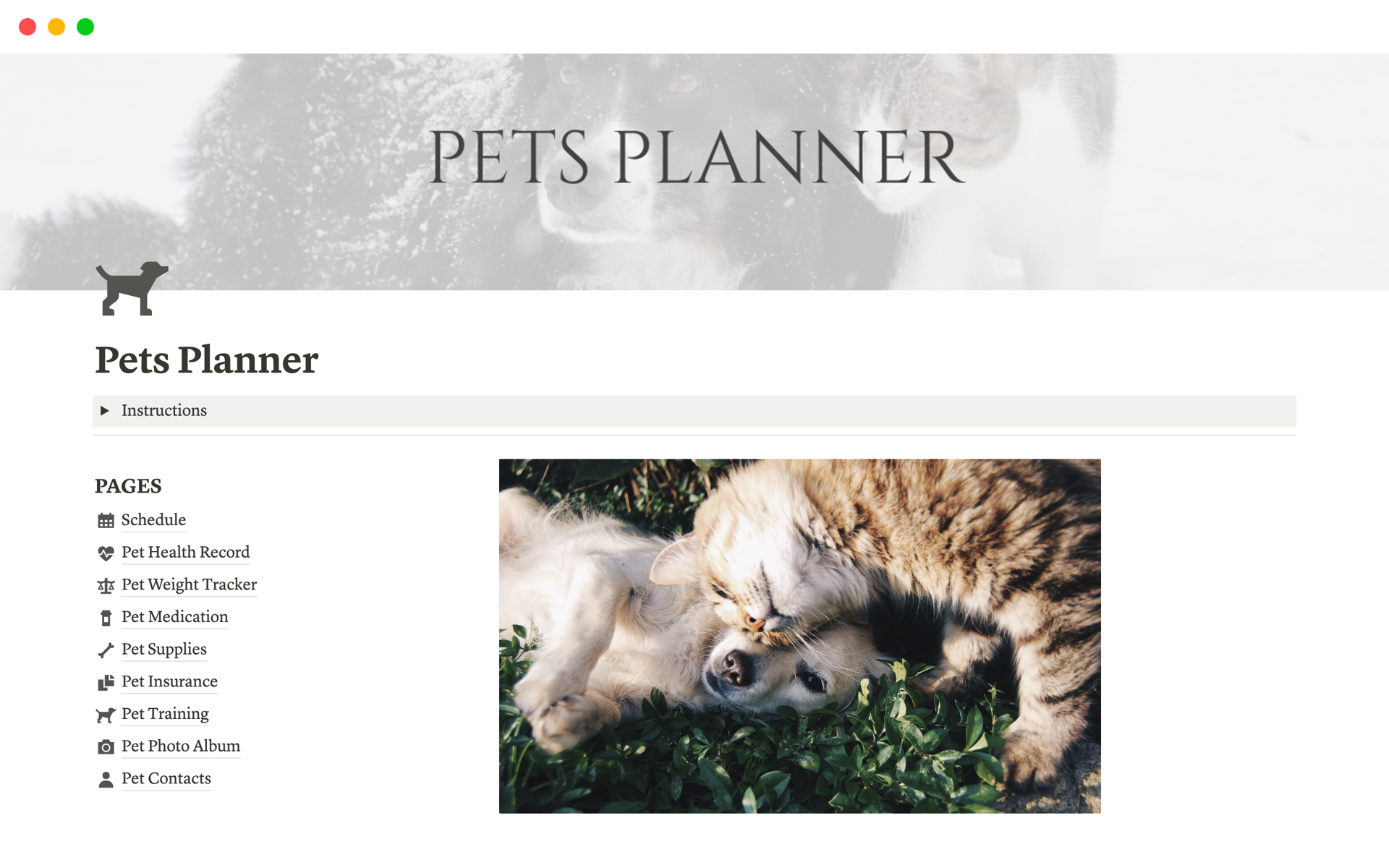 A template preview for Pet Planner