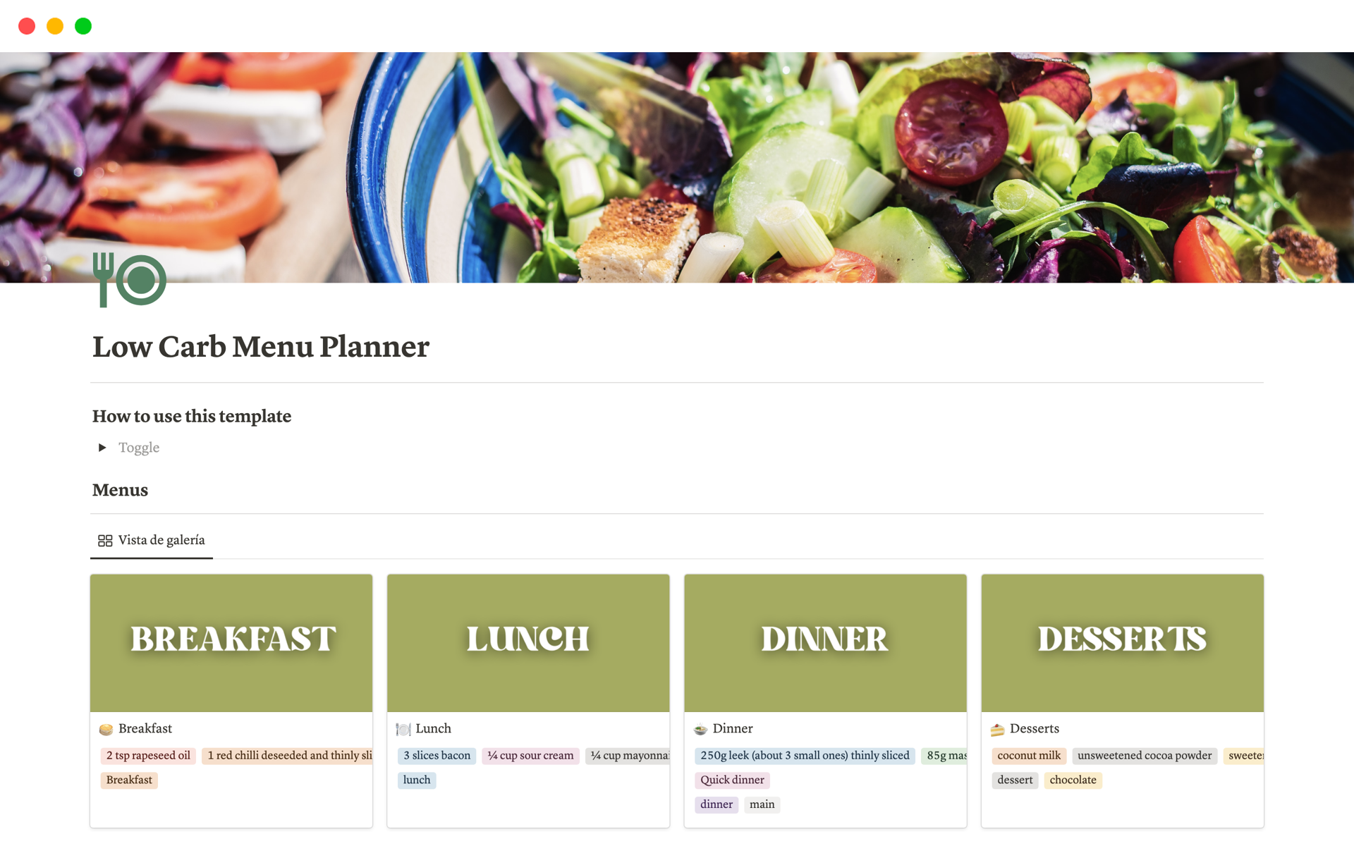 A template preview for Low Carb Menu Planner 