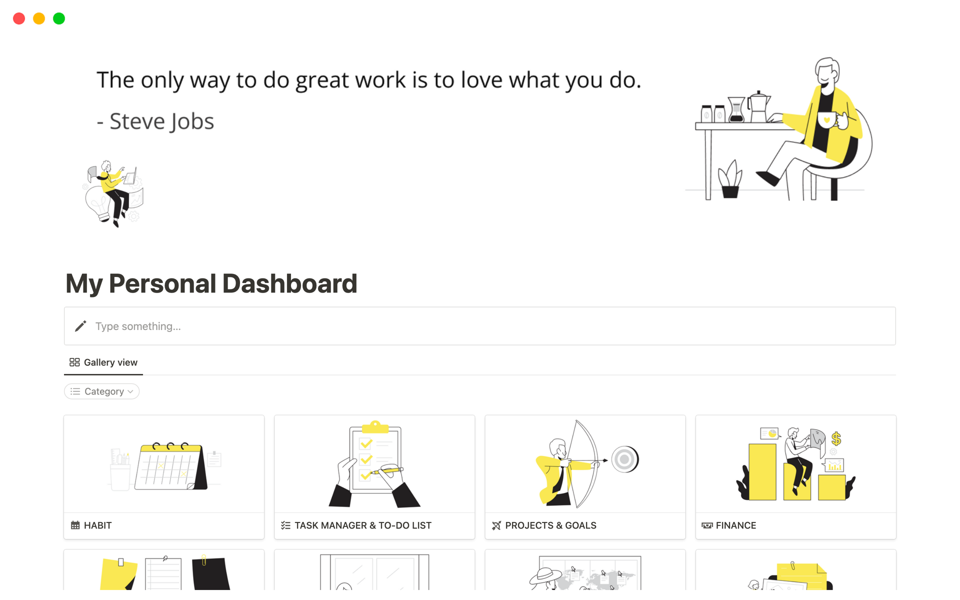 My Personal Dahsboard: Productivity and Life Organizer Notion Templateのテンプレートのプレビュー