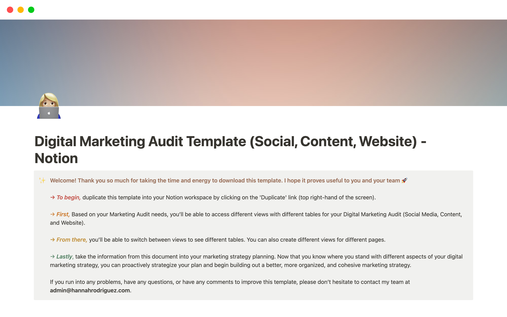 This Digital Marketing Audit Template seamlessly integrates evaluations for social media, content (blog), and website into one holistic tool, ensuring a panoramic view of your entire digital footprint. ✨
