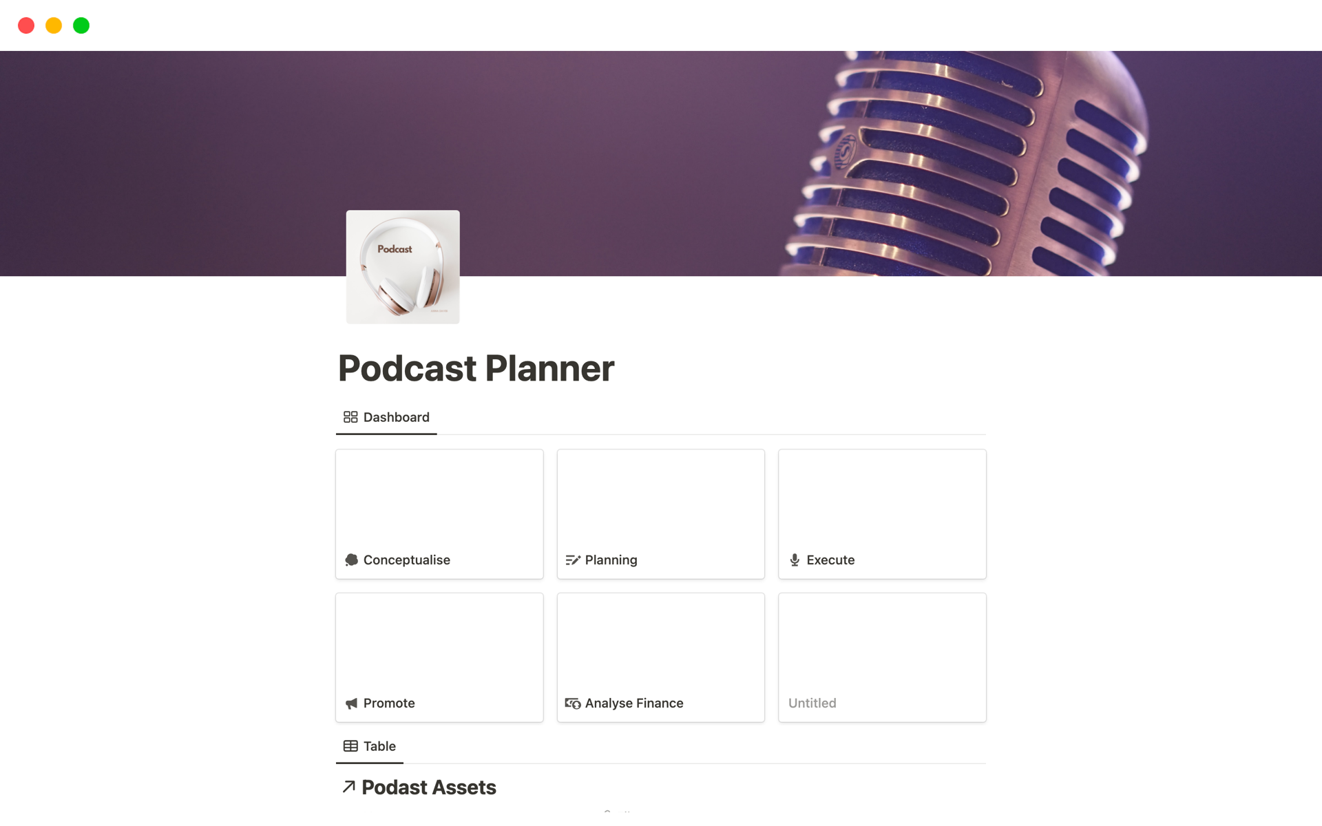 Eine Vorlagenvorschau für Podcast Planner