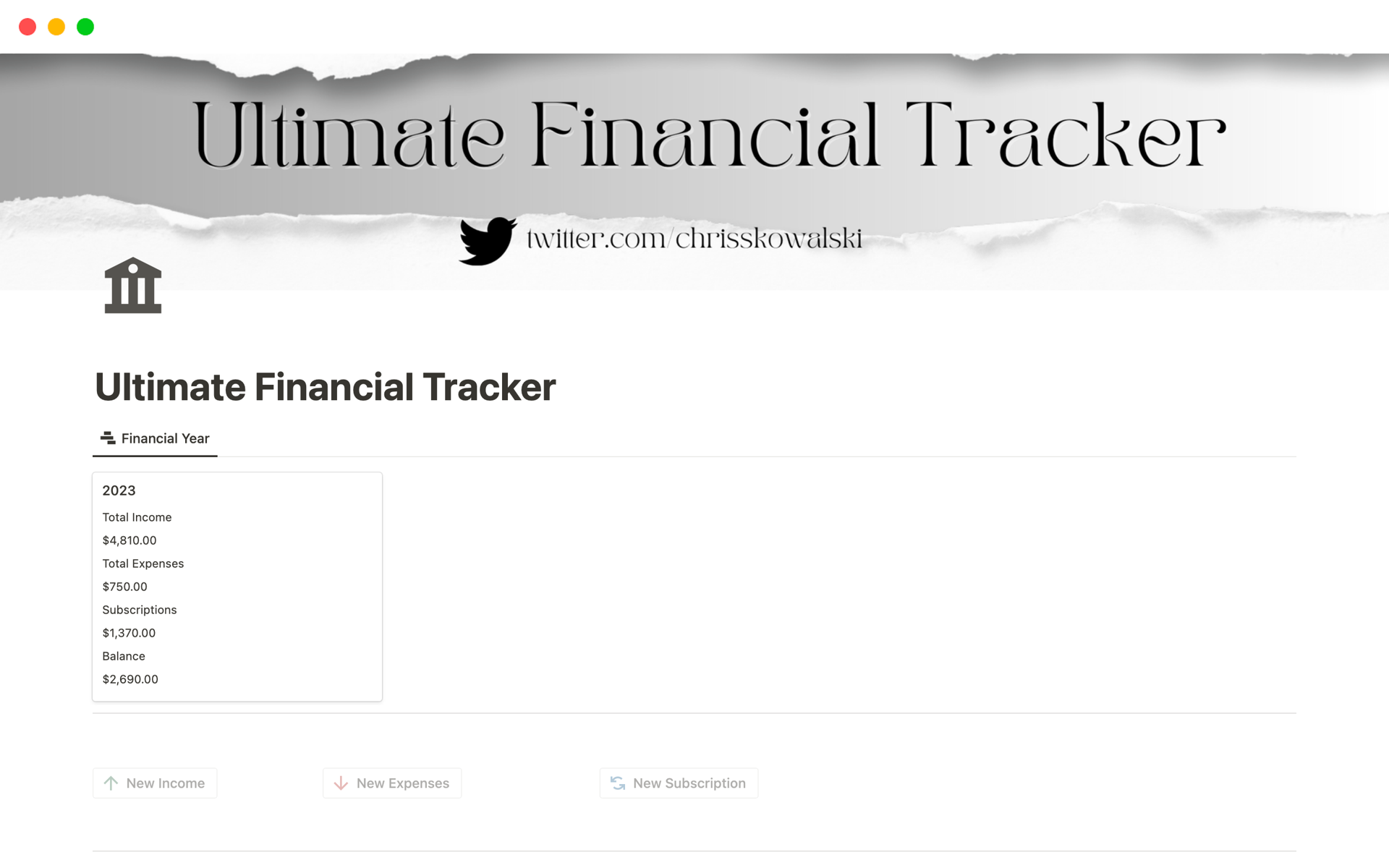 En förhandsgranskning av mallen för Ultimate Financial Tracker