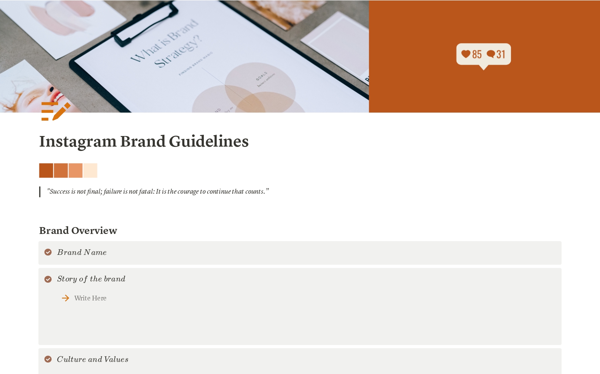 Get your Instagram Brand Guidelines on point with this simple template
 
Who is this for?

- You use Notion
- You need an EASY template to get an overview of your brand personality
- You want room for customization