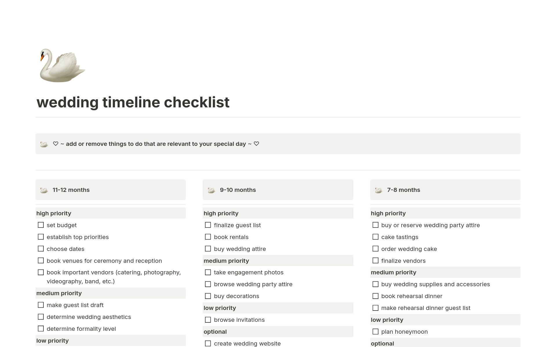 simple, easy to use wedding timeline checklist.