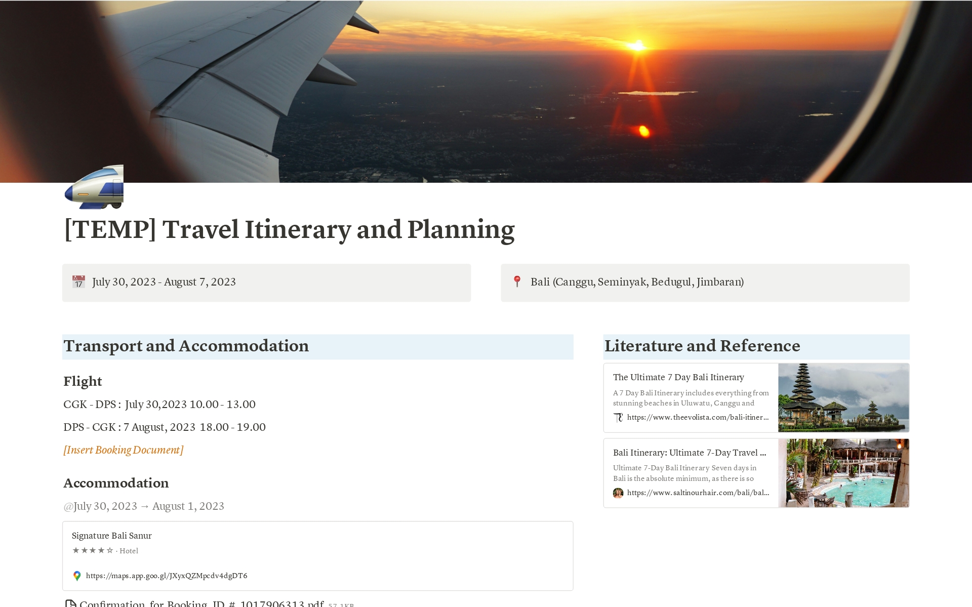 A template preview for Simple Travel Itinerary & Documents Organization