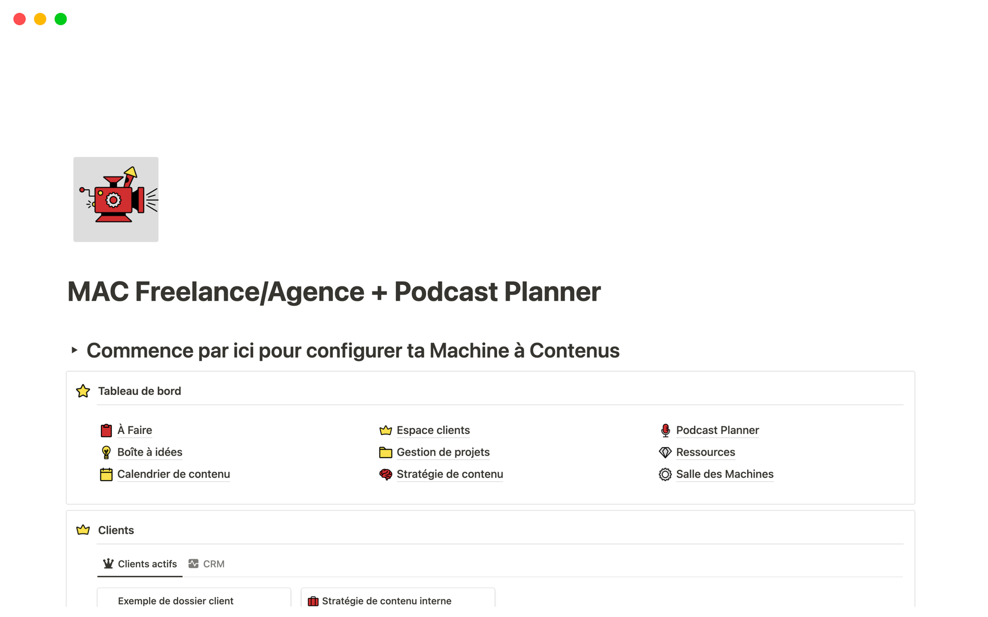 En forhåndsvisning av mal for MAC Freelance/Agence + Podcast Planner
