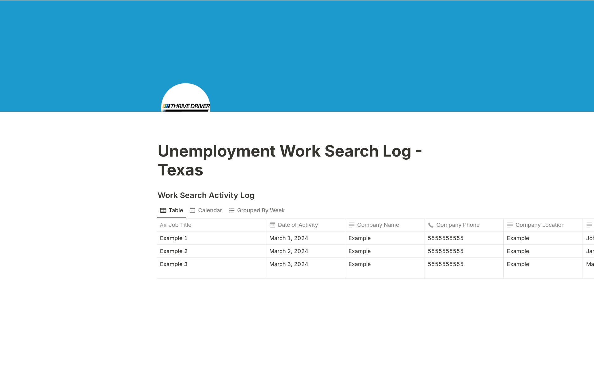 En förhandsgranskning av mallen för Texas Unemployment Work Search Activity Log