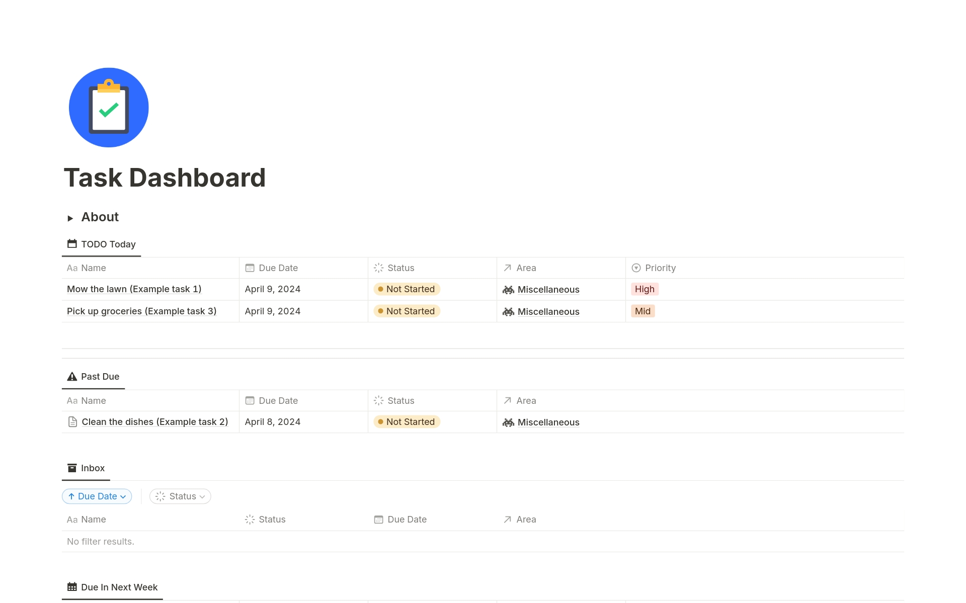 Uma prévia do modelo para Task Dashboard - Organize Your Life!