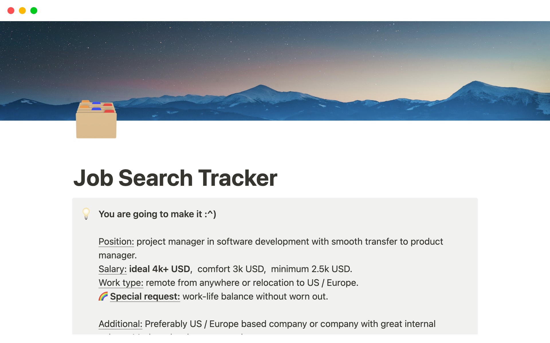 Uma prévia do modelo para Job Search Tracker