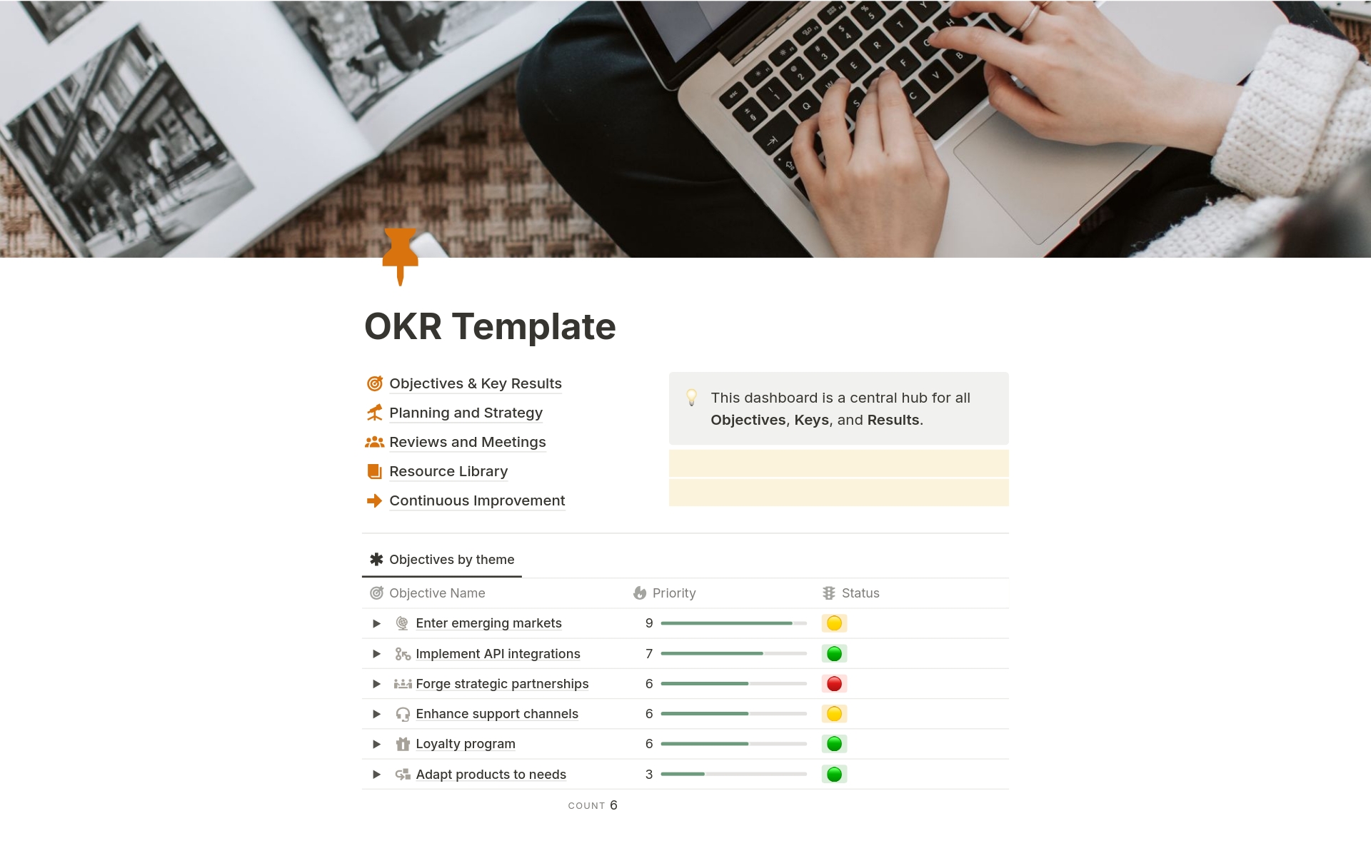 This Notion OKR (Objectives and Key Results) template, is enhanced with various features such as a Resource Library, Continuous Improvement page, and Reviews and Meetings organization. 
It solves several key problems typically encountered in goal setting and team management. 