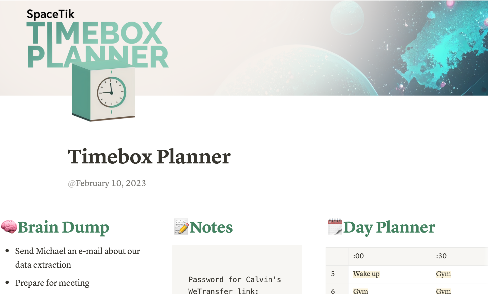 A template preview for SpaceTik - Timebox Planner