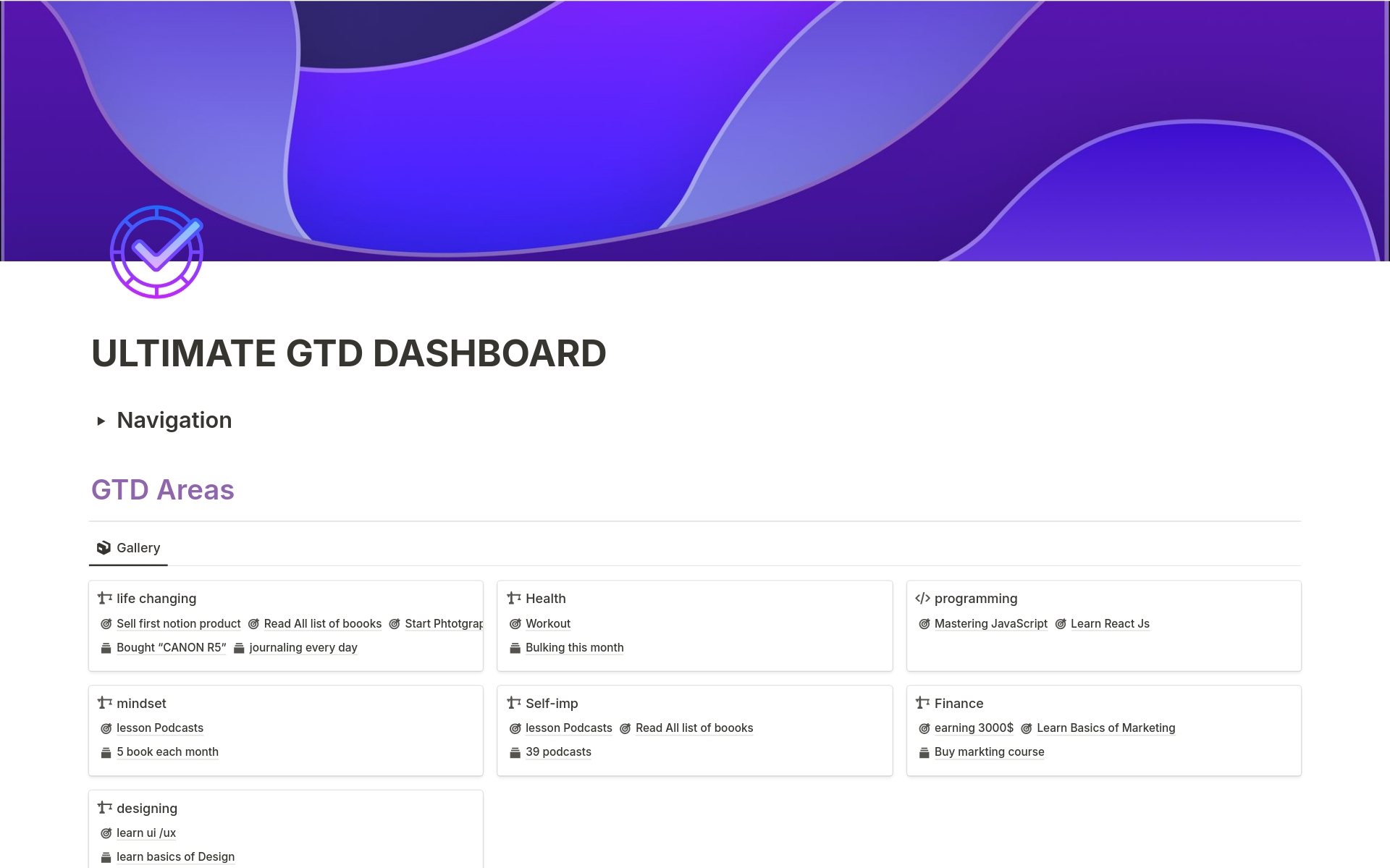 A template preview for ULTIMATE GTD DASHBOARD