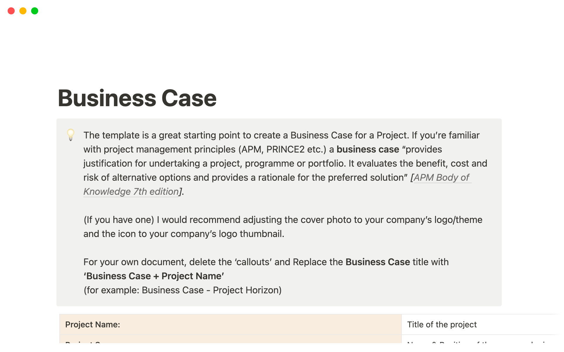 A template preview for Business Case Template