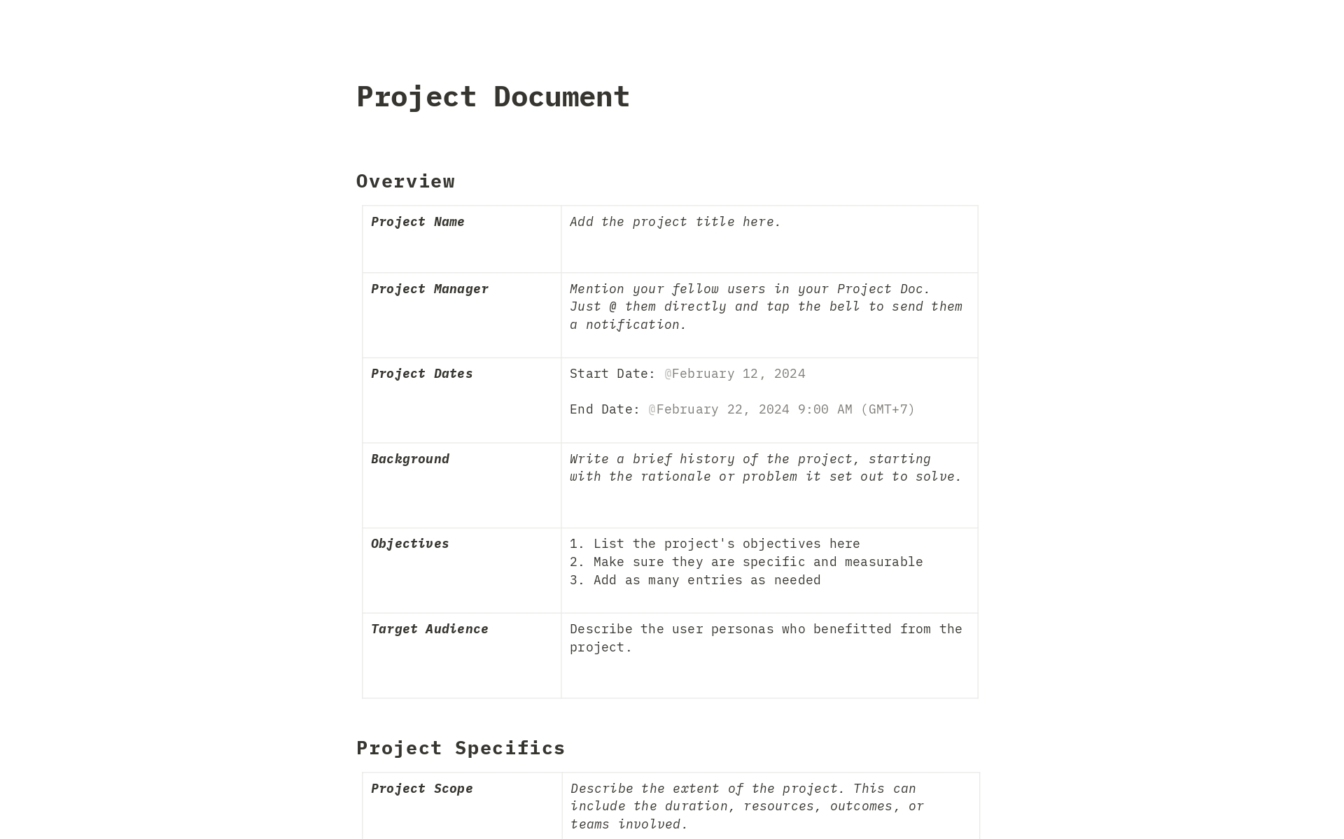 Vista previa de plantilla para Project Document
