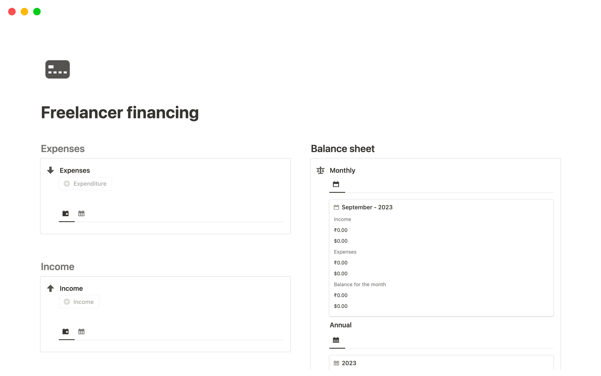 A template preview for Freelancer financing