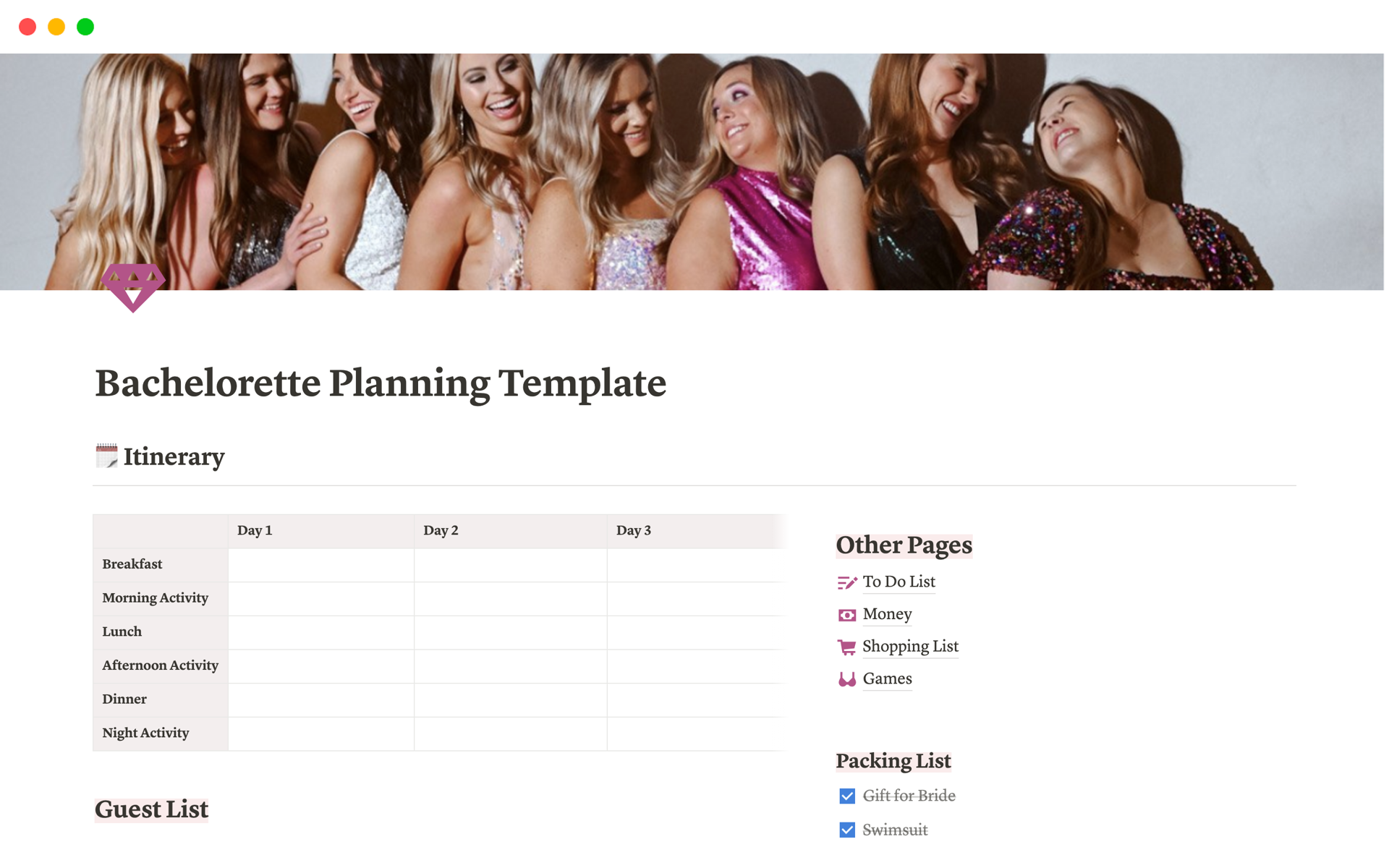 A template preview for Bachelorette Planning Template
