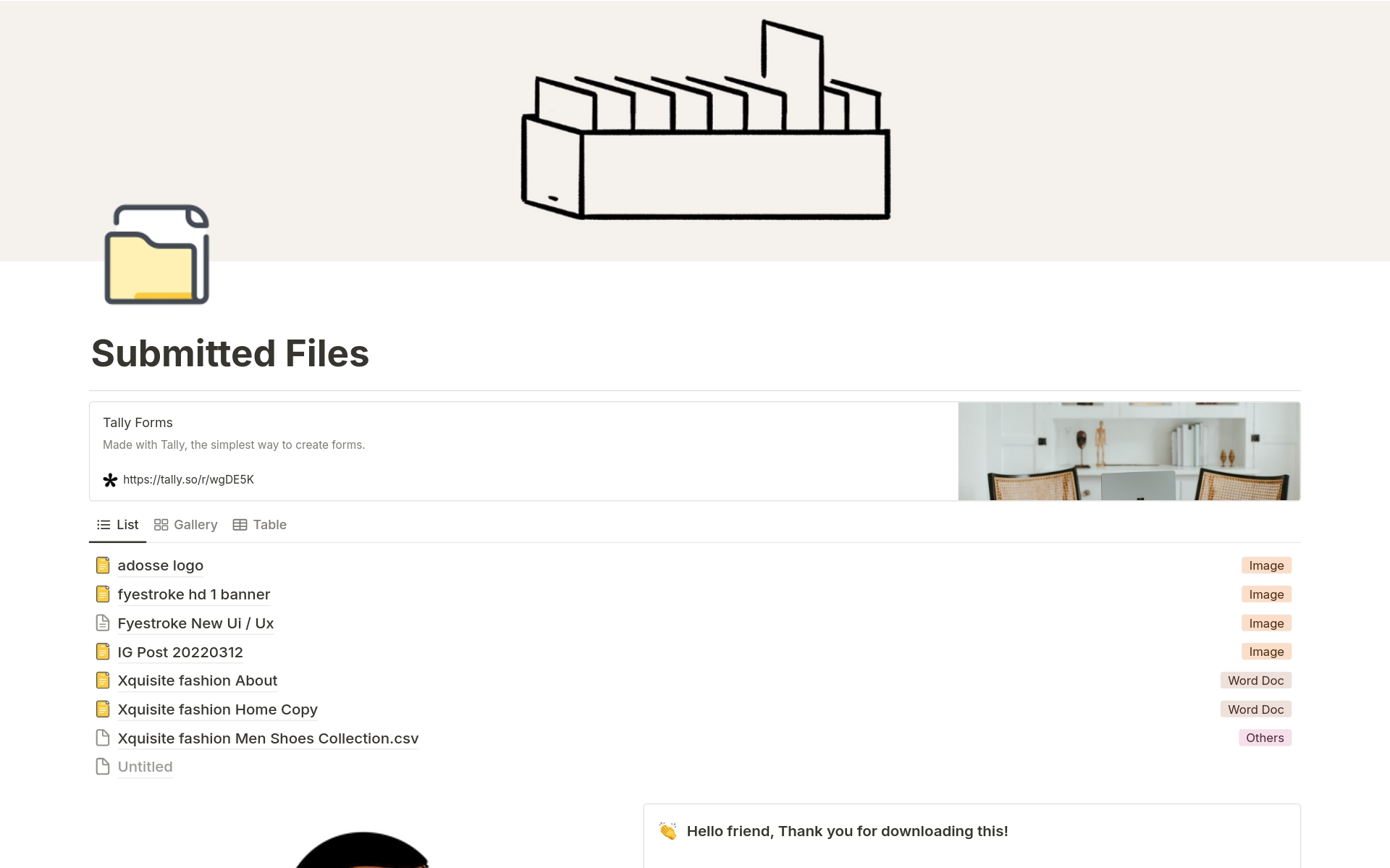You can use this Notion template + Tally form template to collect files, docs & assets from multiple clients in a very organized, visually pleasing & very easy way.
