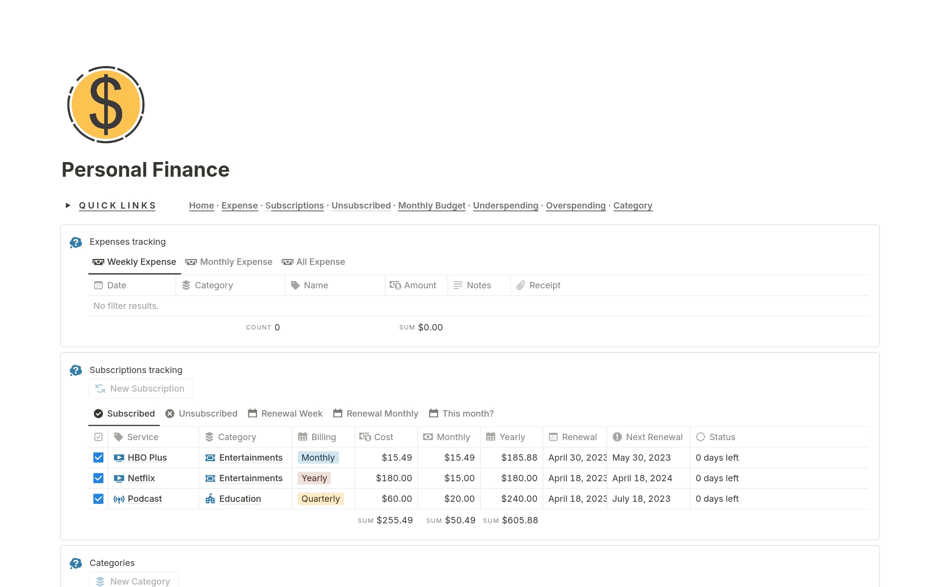 Track your personal finances by quickly logging income and expenditure, linking it to contacts, clients, and categories. 