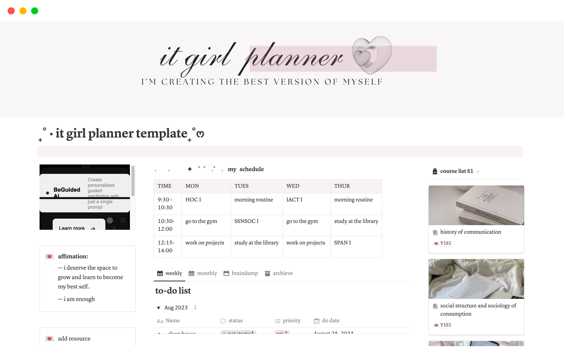 A template preview for it girl planner