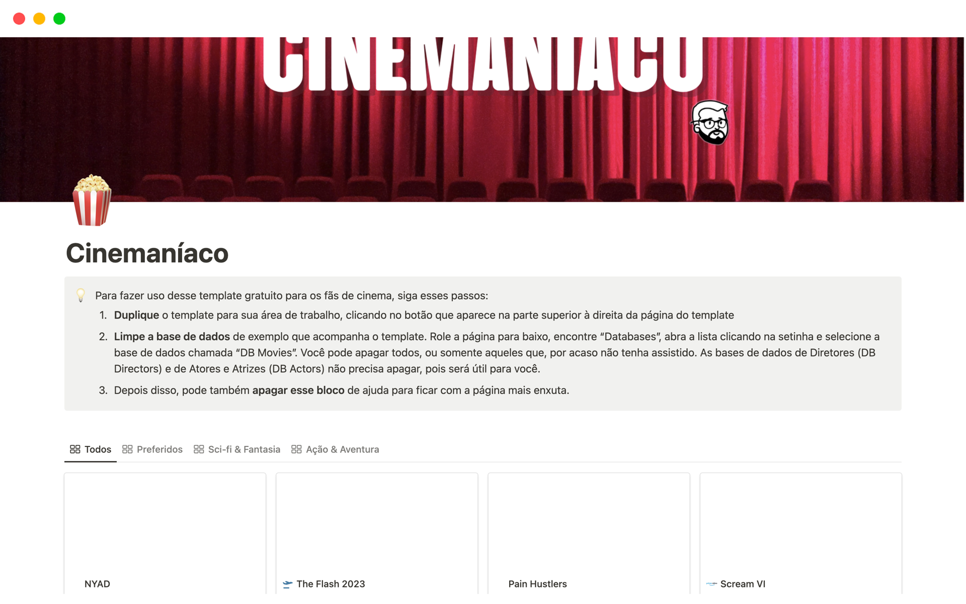 A template preview for Cinemaníaco