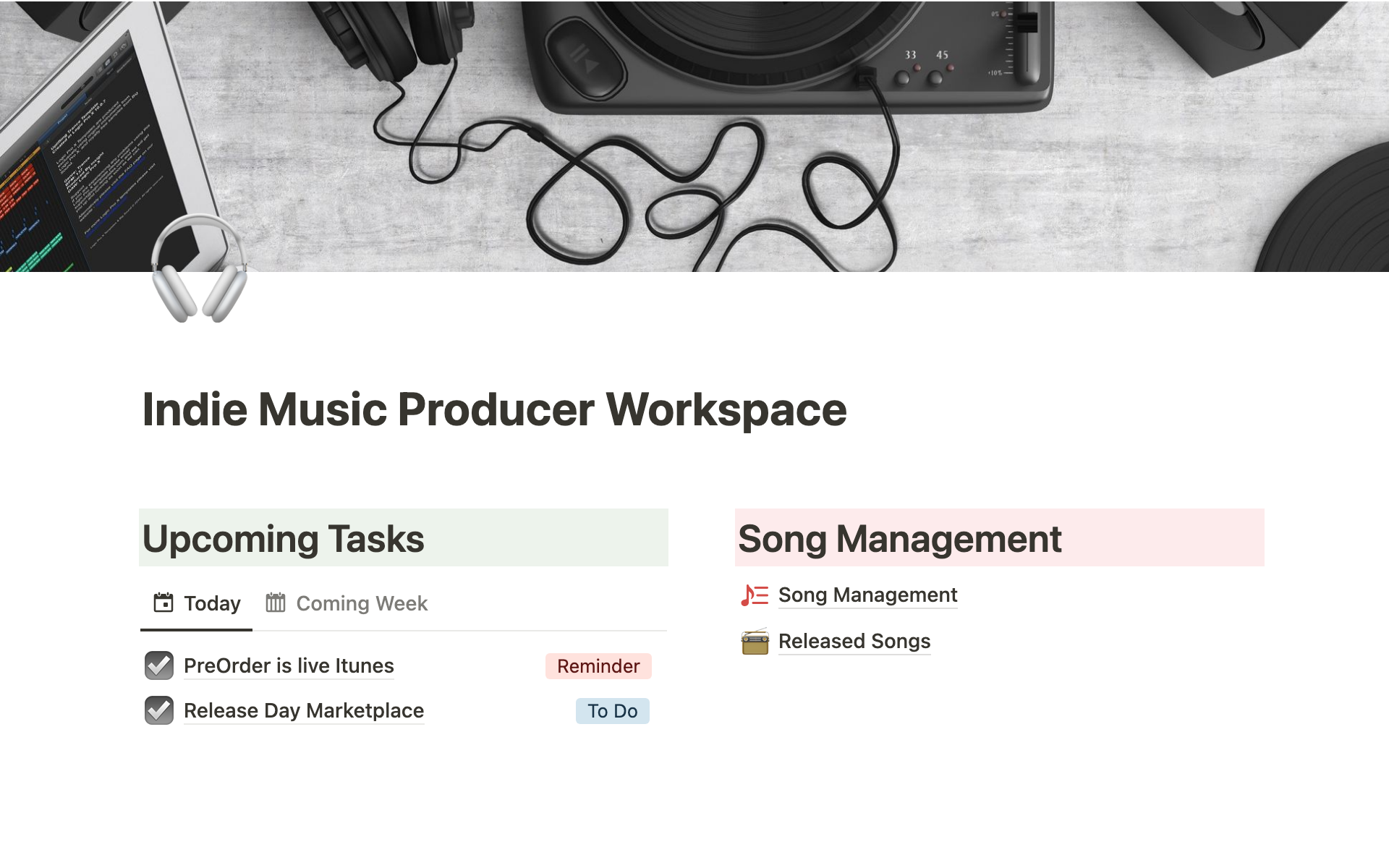 Indie Music Producer Workspaceのテンプレートのプレビュー
