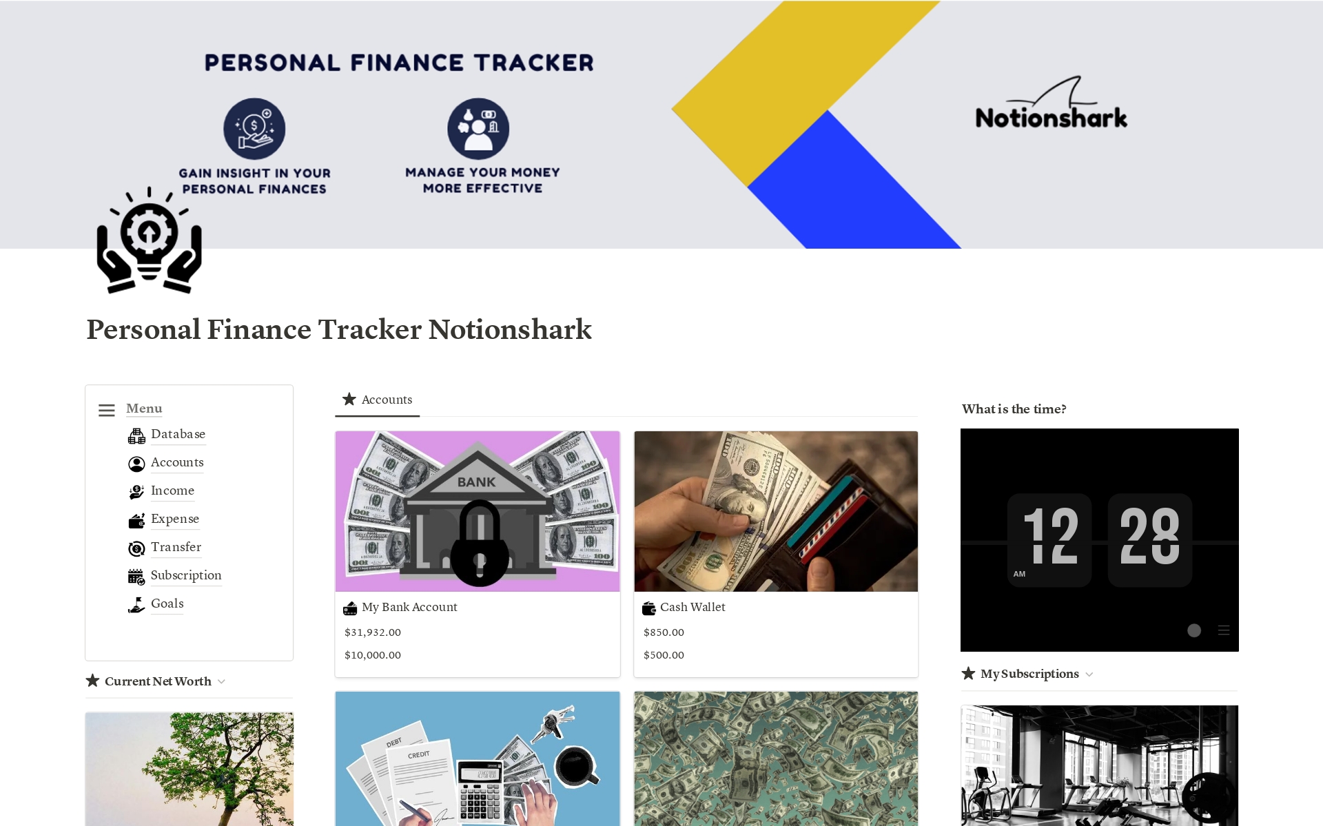 A template preview for Personal Finance Tracker Notionshark
