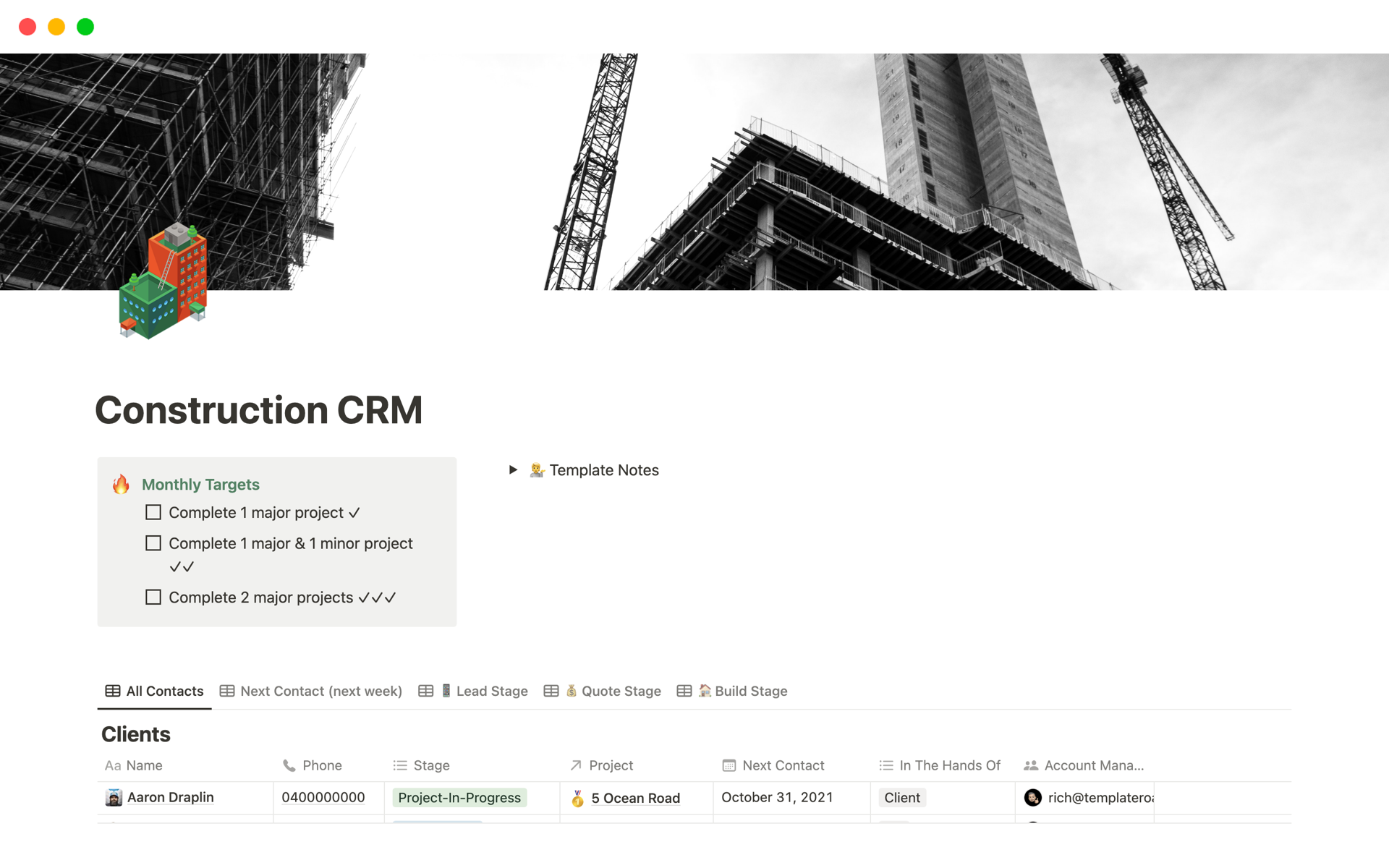 A template preview for Construction CRM
