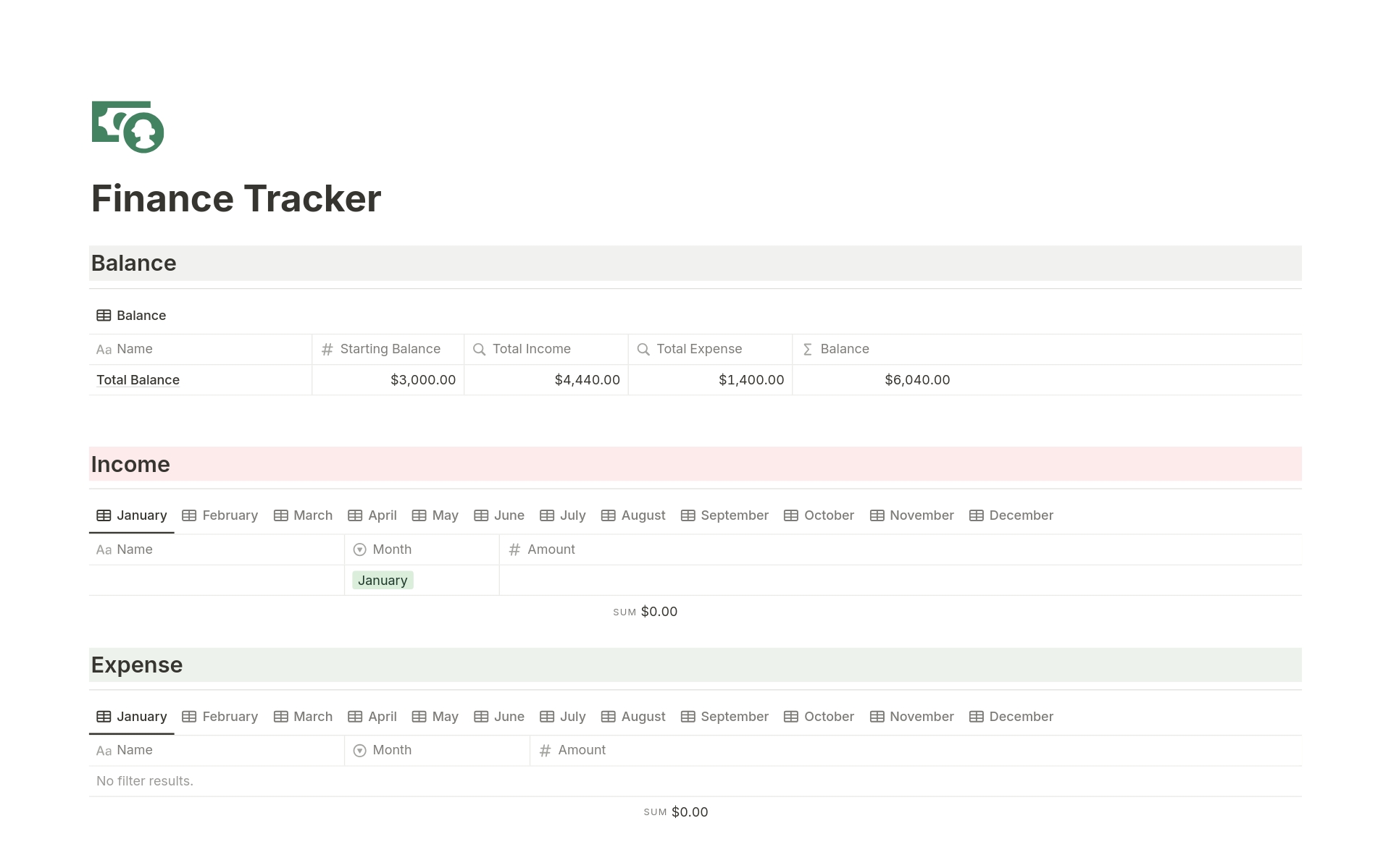 Vista previa de una plantilla para Finance Tracker 